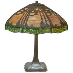 Overlay Scenic Handel Panel Lamp, Original, Signed, circa 1910