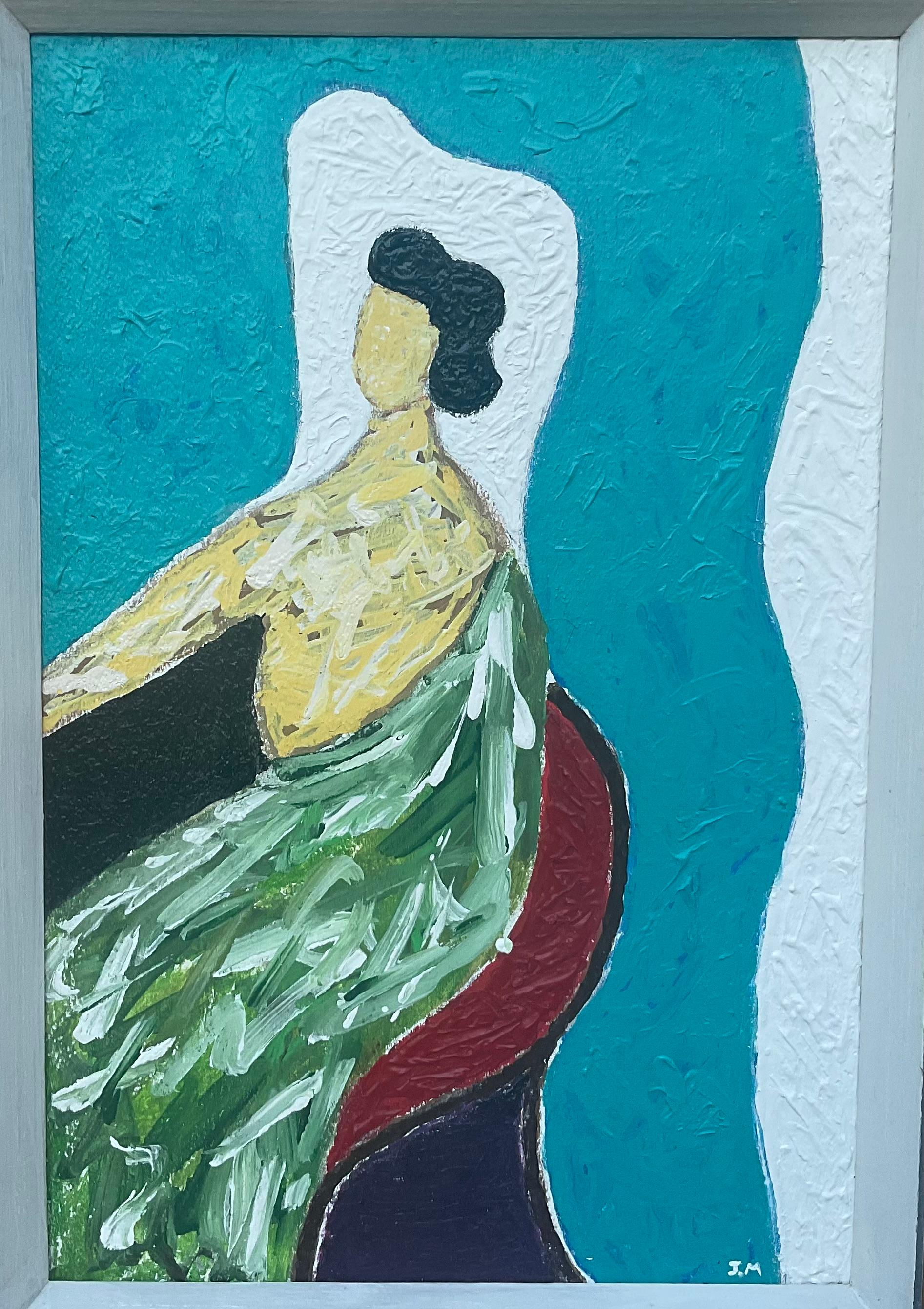 Peinture acrylique sur panneau de bois, représentant une femme élégante assise et regardant vers l'avant, belles couleurs vives sur fond turquoise, cadre en bois ancien.
Taille réelle du tableau :12