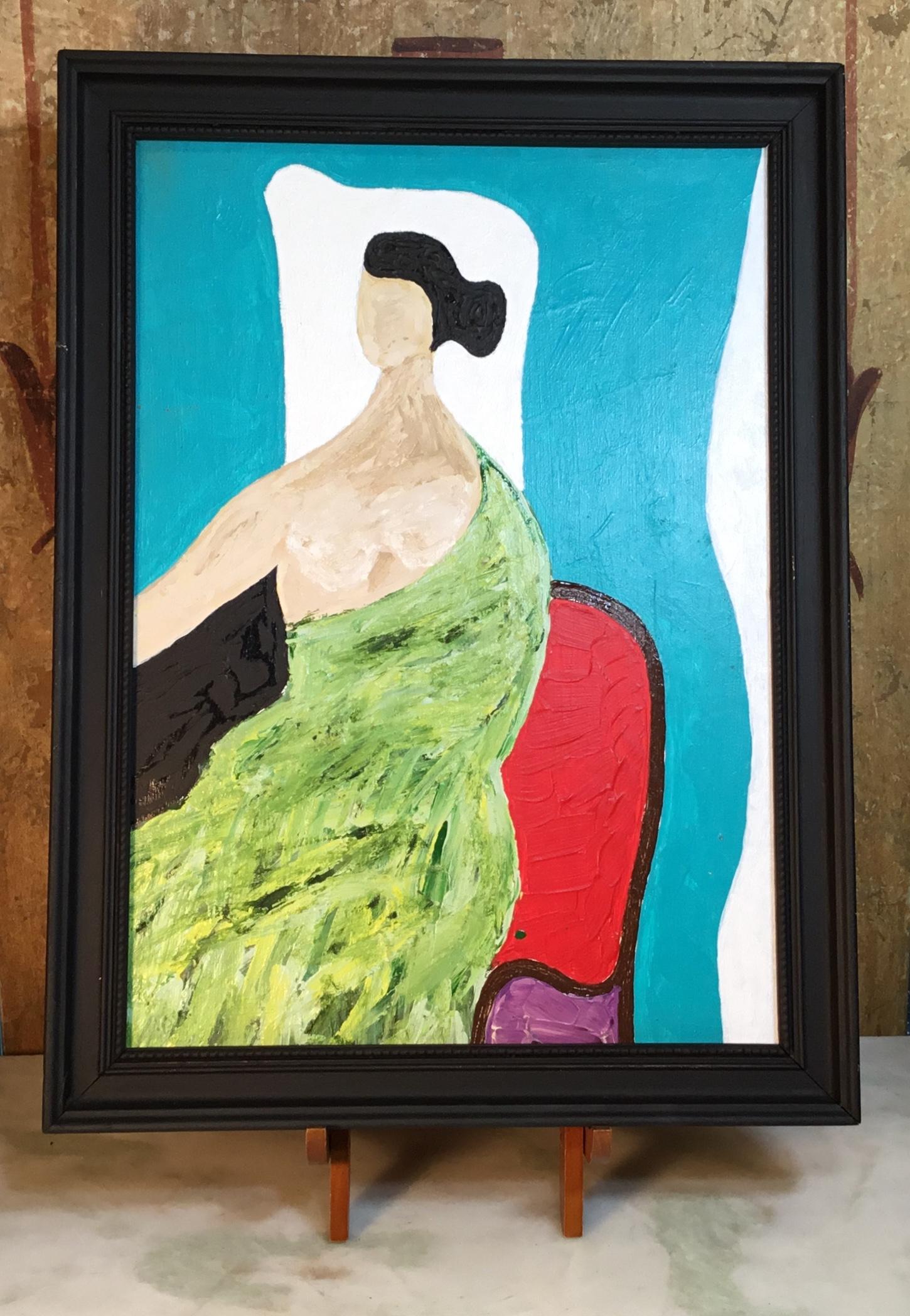 Funky painting of sitting elegant woman looking forward, beautiful vivid colors on turquoise color background. Black wood frame with extra table wood display piece which is included. Signed J.M in the back.