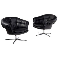 Vintage Overman Style Mod Pod Lounge Chair Set in Black Tufted Vinyl, Four Star Bases