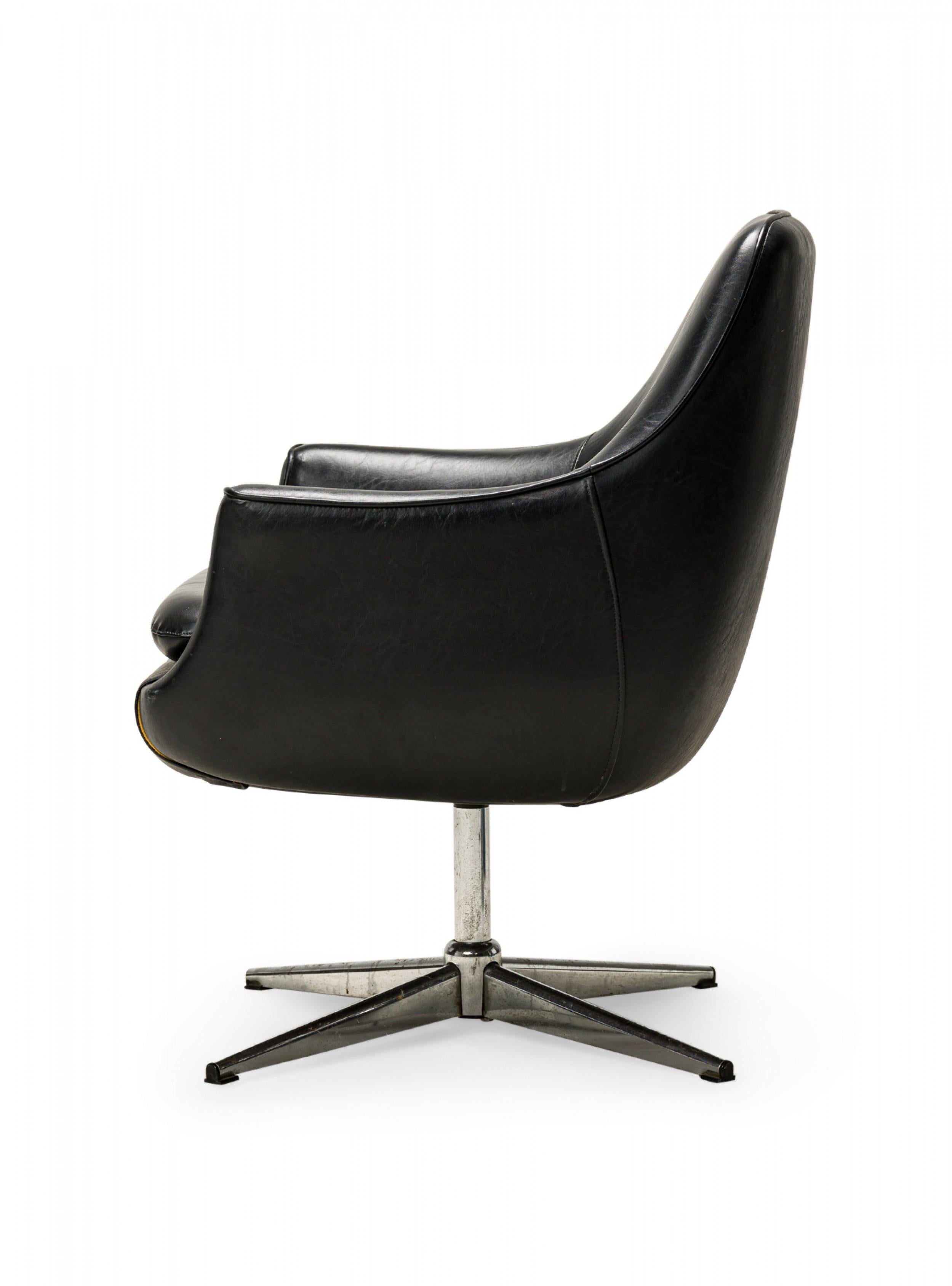 Mid-Century Modern Overman Swedish Black Leather and Chrome Swivel Armchair For Sale