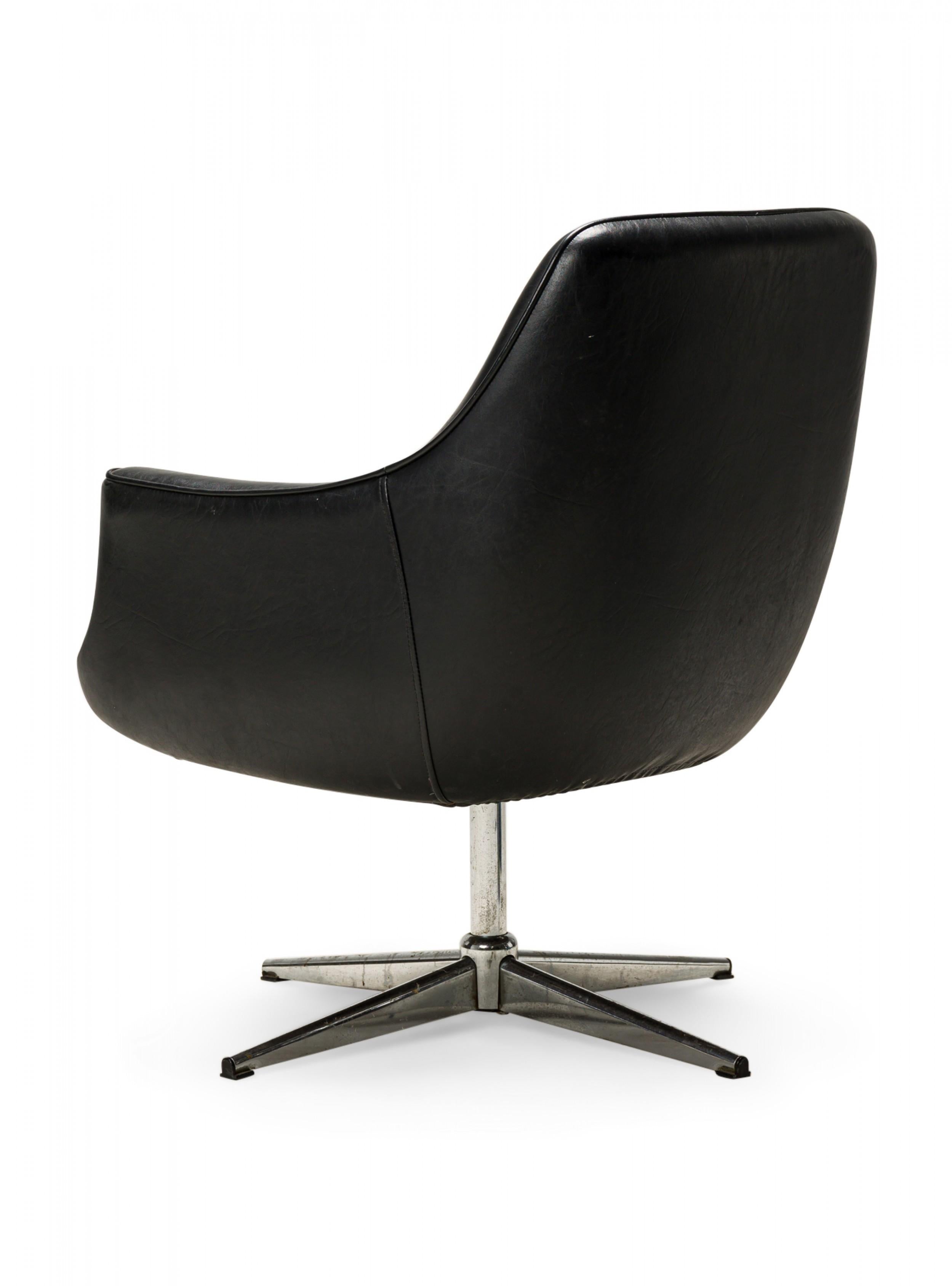 Overman Swedish Black Leather and Chrome Swivel Armchair In Good Condition For Sale In New York, NY