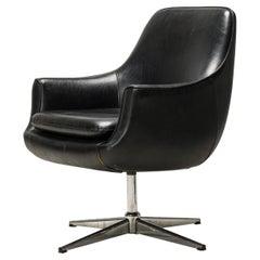 Overman Swedish Black Leather and Chrome Swivel Armchair