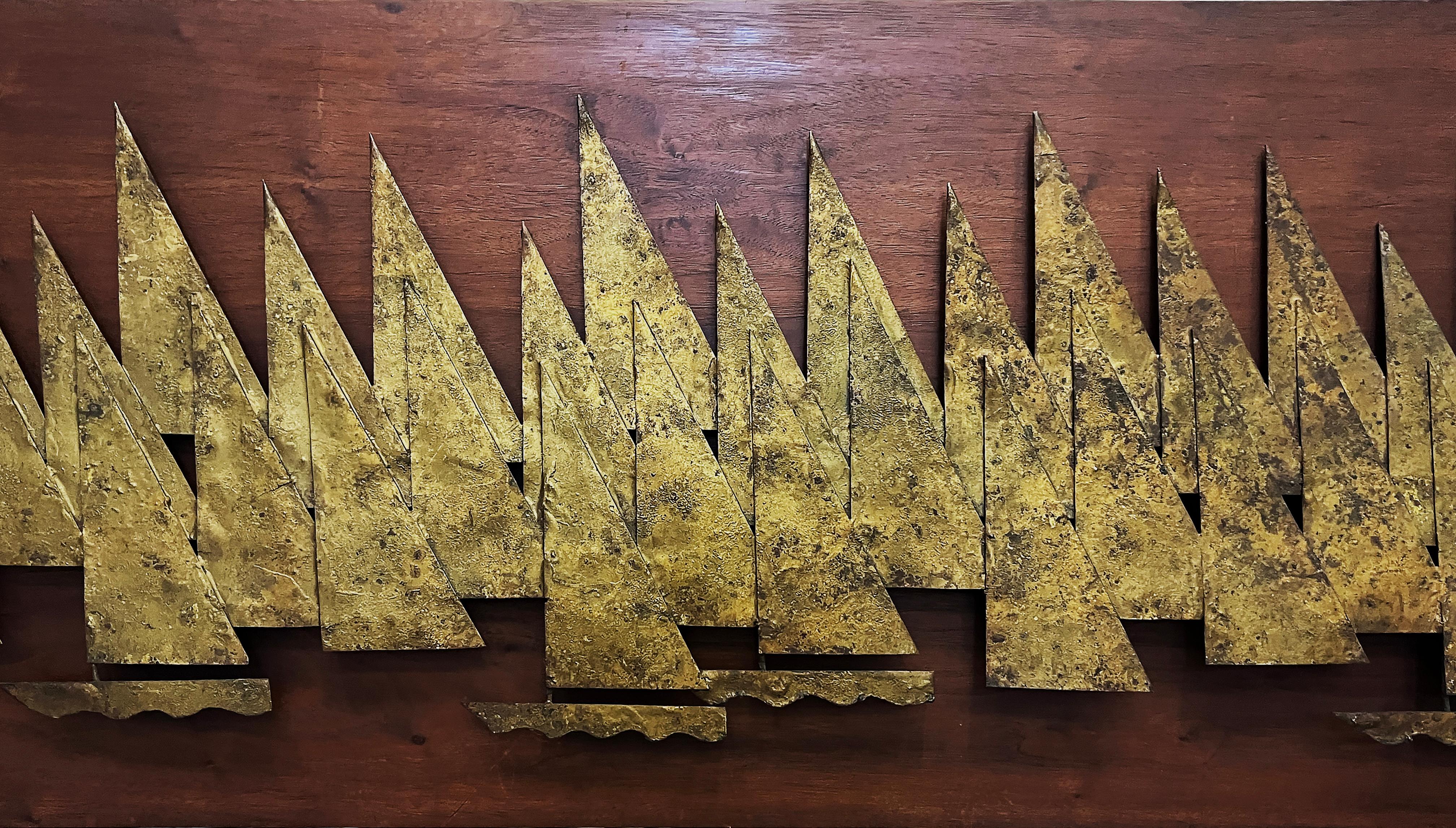 Mid-Century Modern Overscale 1960s Peter Pepper Brass Sail Boats Wall Sculpture on Wood For Sale