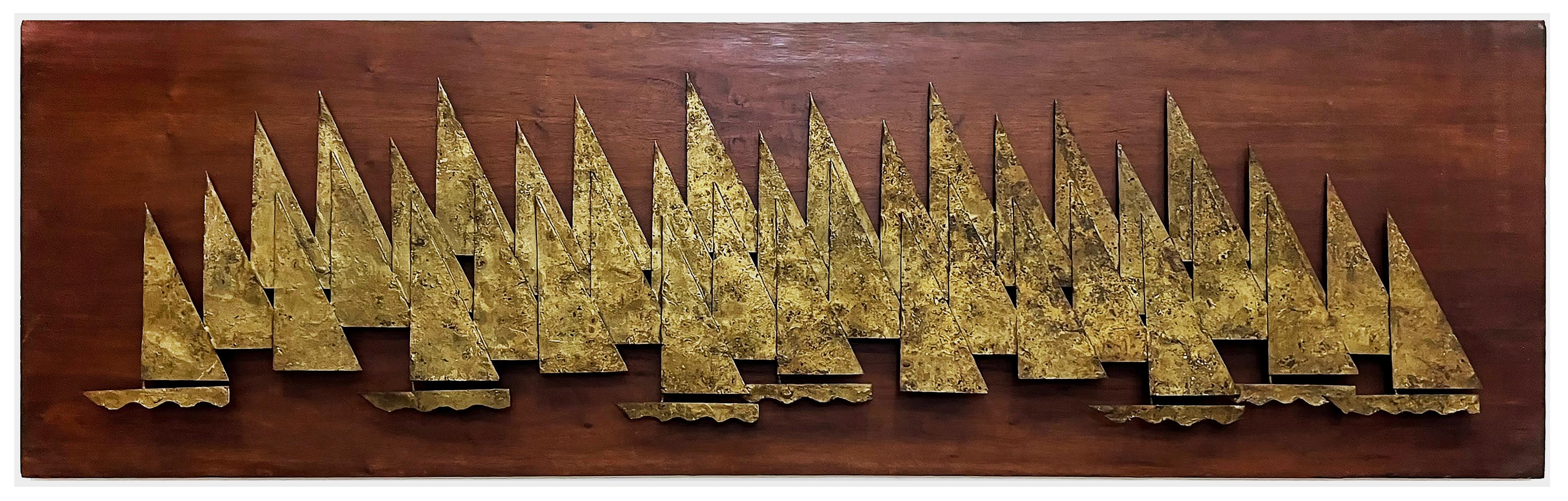 Overscale 1960s Peter Pepper Brass Sail Boats Wall Sculpture on Wood In Good Condition For Sale In Miami, FL