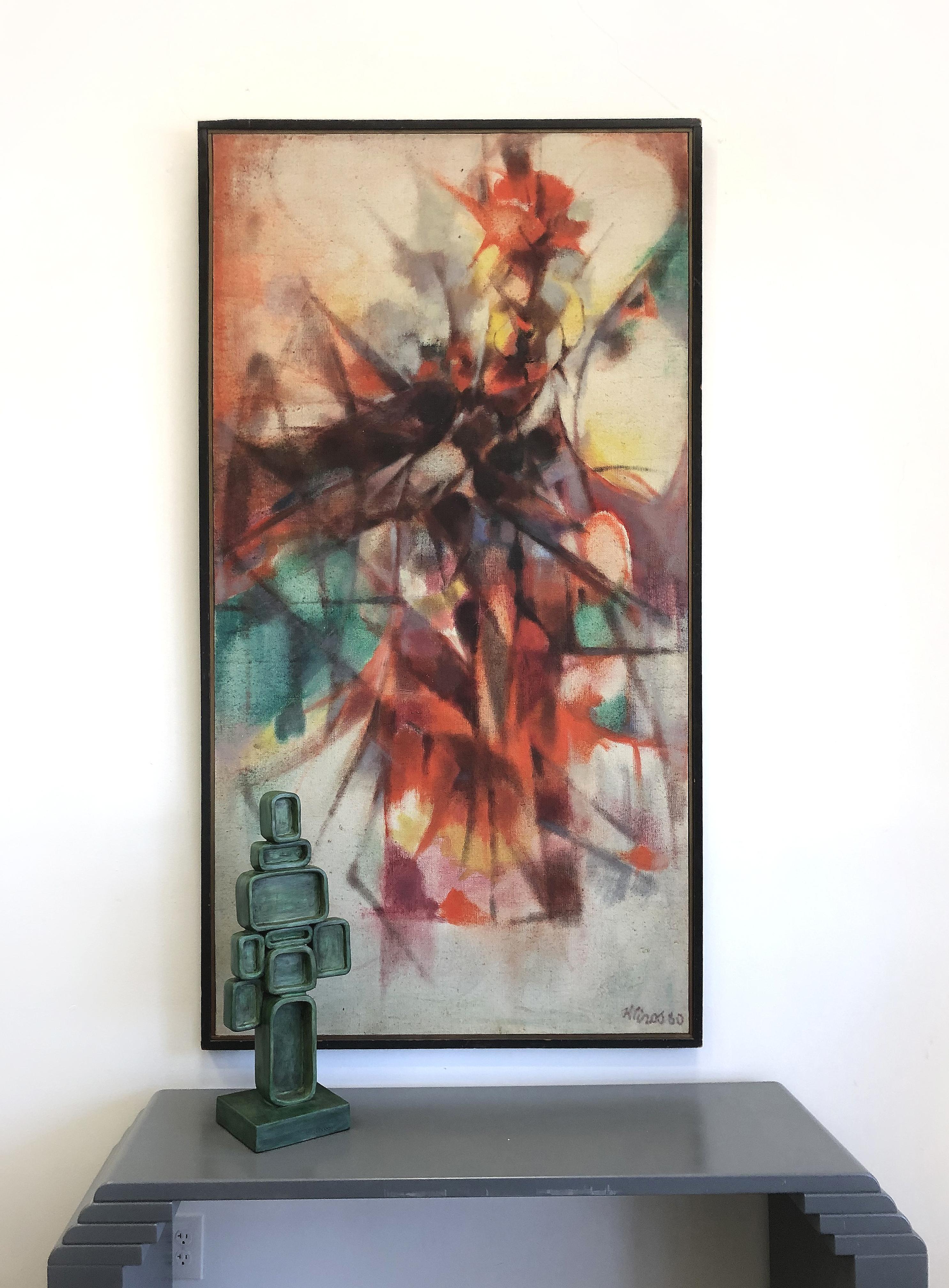 Offered for sale is an overscaled and impressive 1980 abstract painting on canvas. The work is quite an object of desire due to the scale and execution. The artist's great diffused brush stroke not only creates a feeling of movement but also a soft