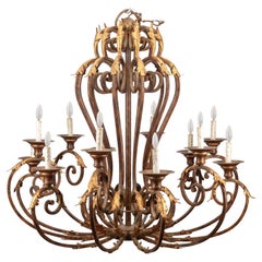 Overscale Antique Iron Chandelier, Gold Foil Acanthus Leafves