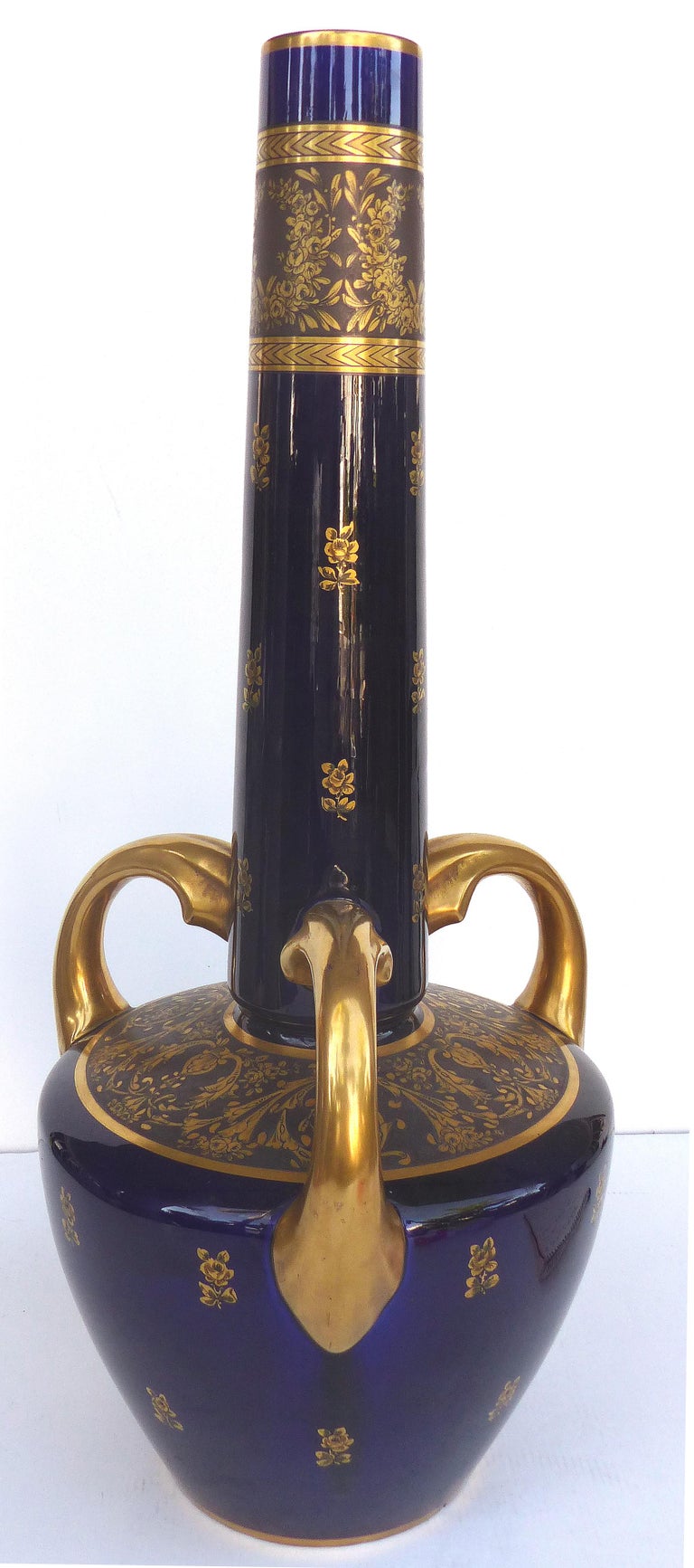 Overscale Antique Sevres Porcelain Urn Vases In Cobalt Blue With