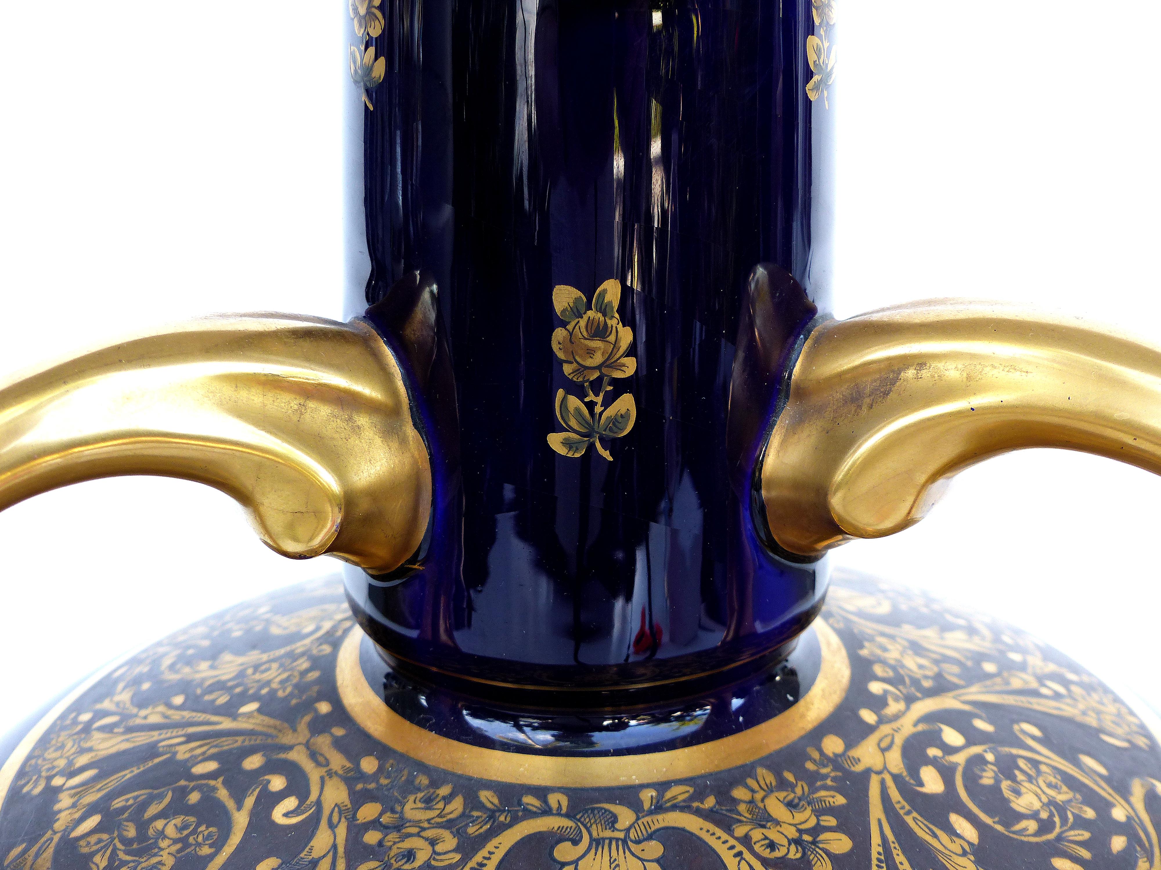 Overscale Antique Sèvres Porcelain Urn Vases in Cobalt Blue with Gilt Accents For Sale 2