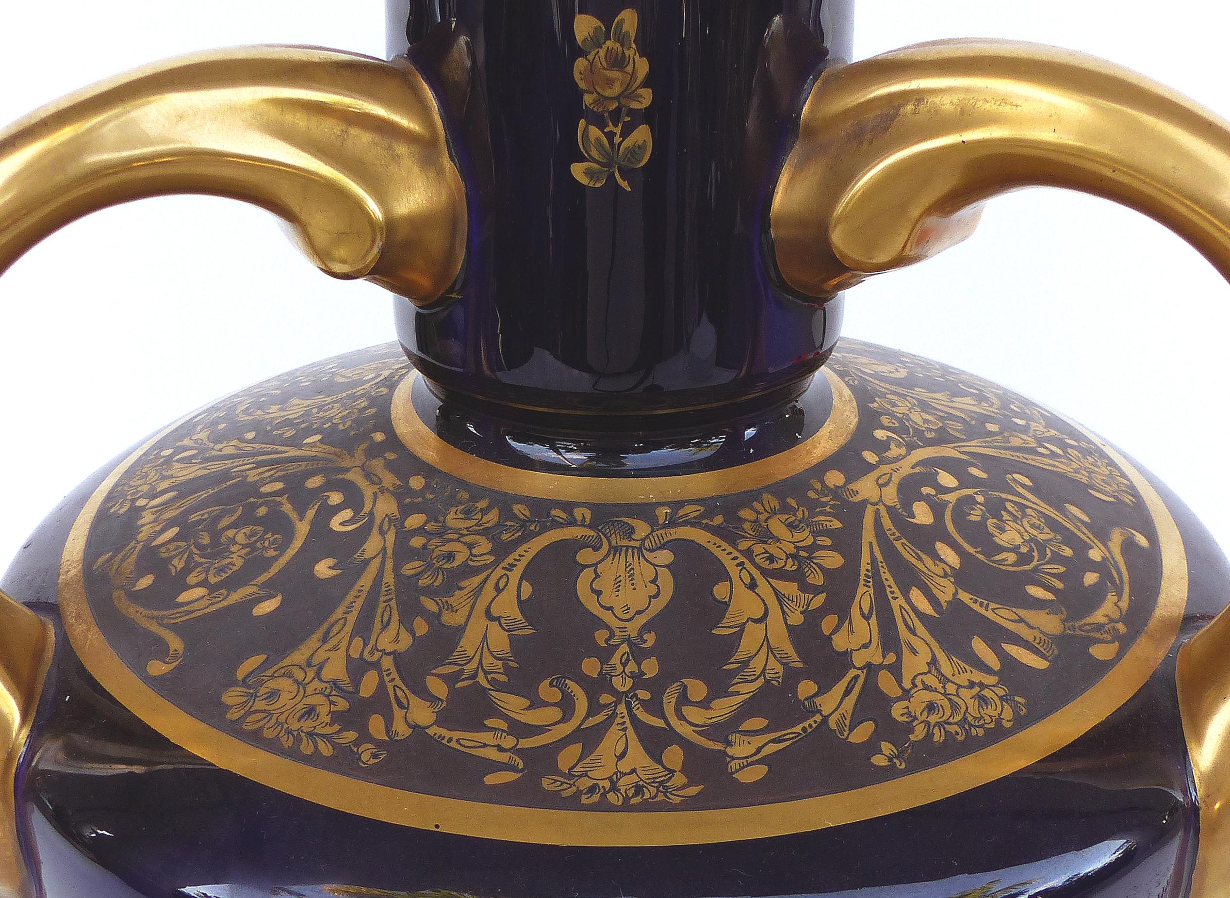 Overscale Antique Sèvres Porcelain Urn Vases in Cobalt Blue with Gilt Accents For Sale 3