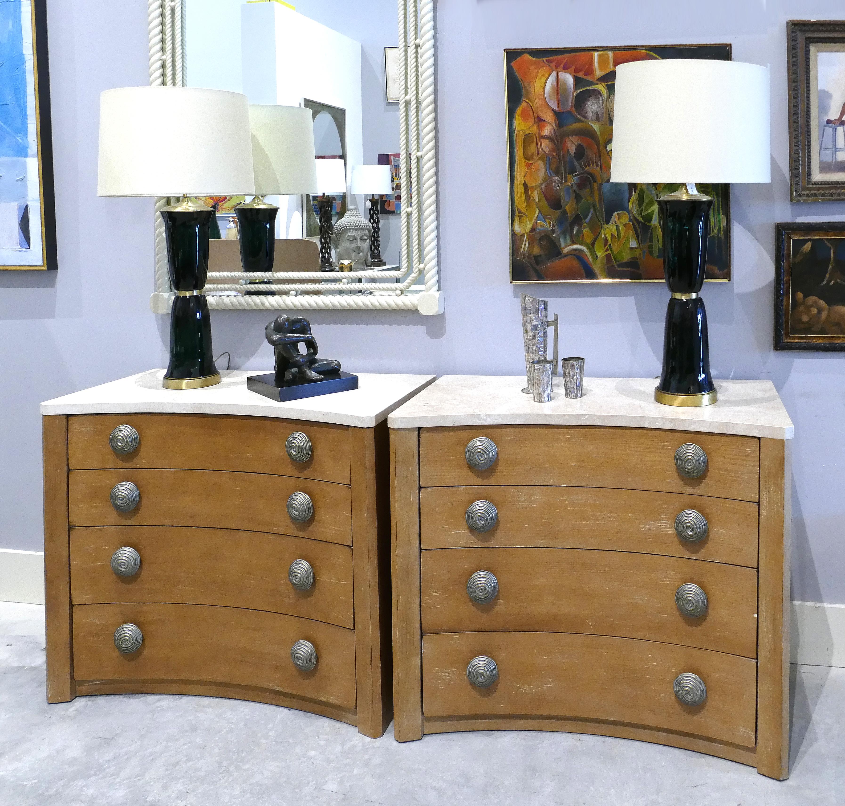 Over scale century furniture chests of drawers with travertine tops

Offered for sale is a pair of impressive vintage century furniture chest of drawers with concave fronts and travertine marble tops. These substantial and over scale 4-drawer