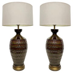 Overscale Glazed Mid-century Modern Ceramic Table Lamps, Pair