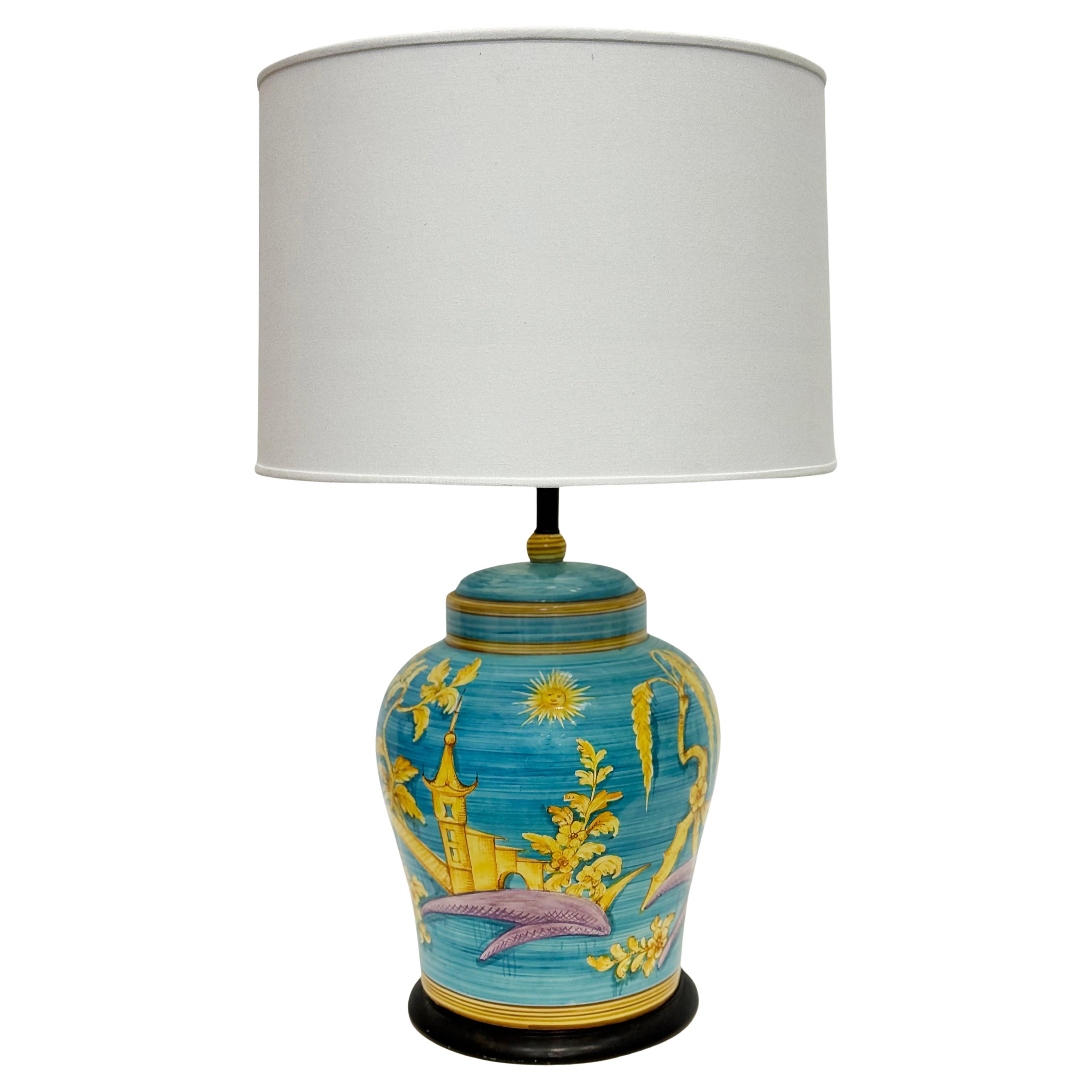 Übergroße handbemalte Keramiklampe mit Chinoiserie-Motiv, ca. 1960er Jahre, Italien