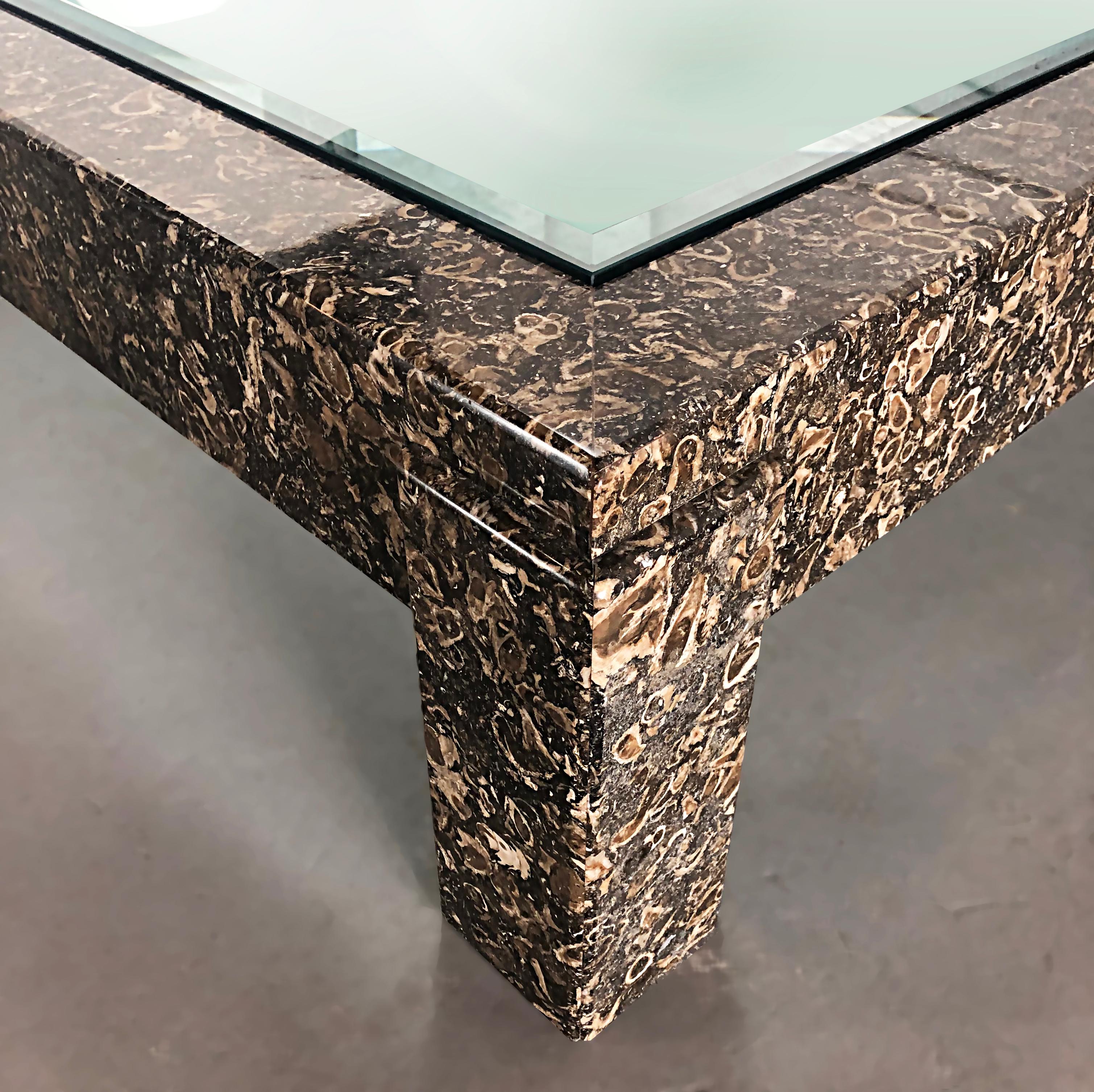 American Overscale Marble Coffee Table with Inset Glass Top For Sale