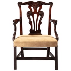 Overscale Mid-18th Century Irish Brown Carved Mahogany Wood Armchair, Suede Seat