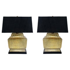 Overscale Pair of  Brass Table Lamps on Wood, Silk Shades, Original Finials
