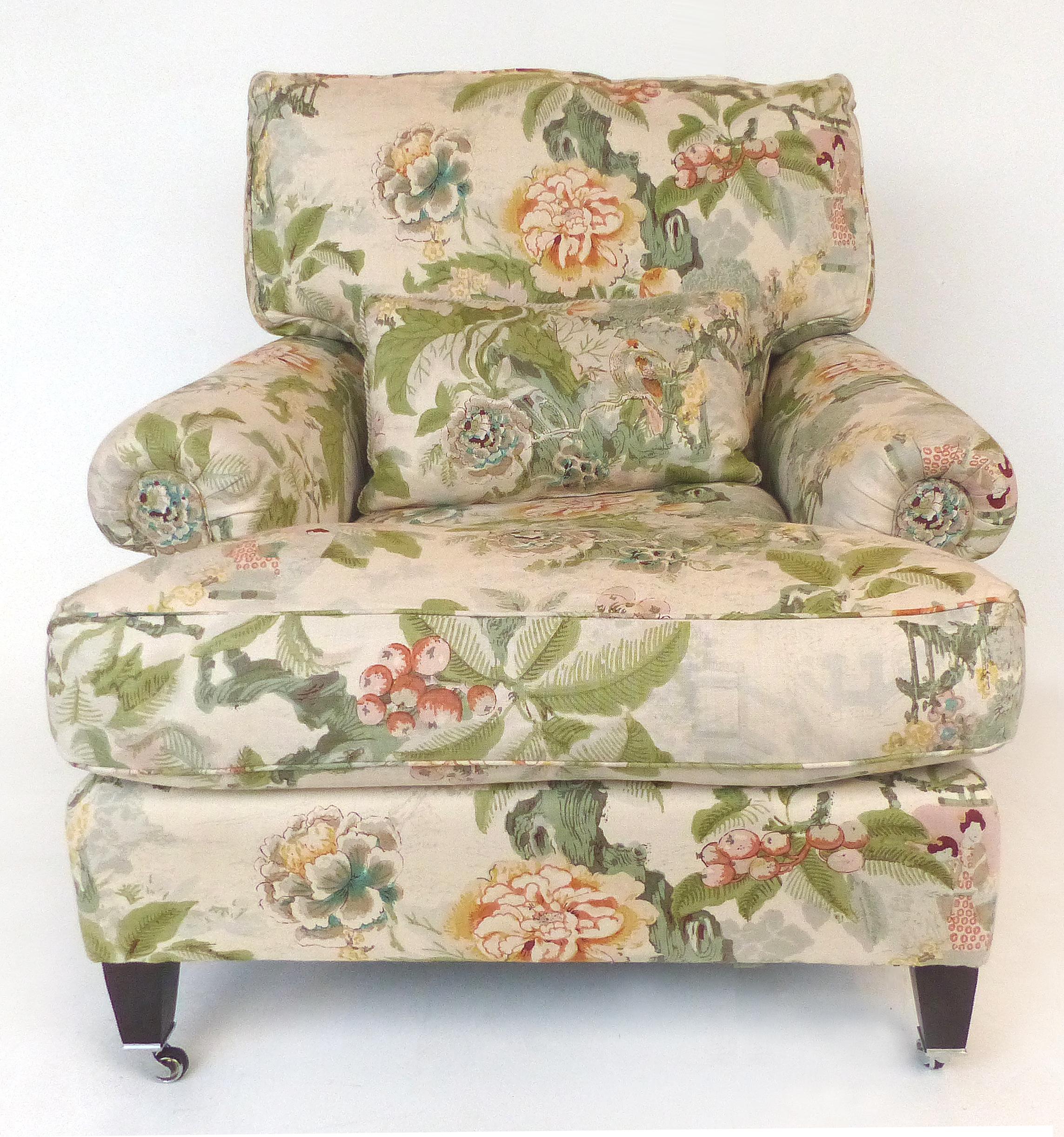 Overscale Pair of Chinoiserie Upholstered Club Chairs with Down Cushions

Offered for sale is an overscaled pair of upholstered armchairs with deep, comfortable seats and plush loose down filled seat and back cushions. These fine quality chinoiserie