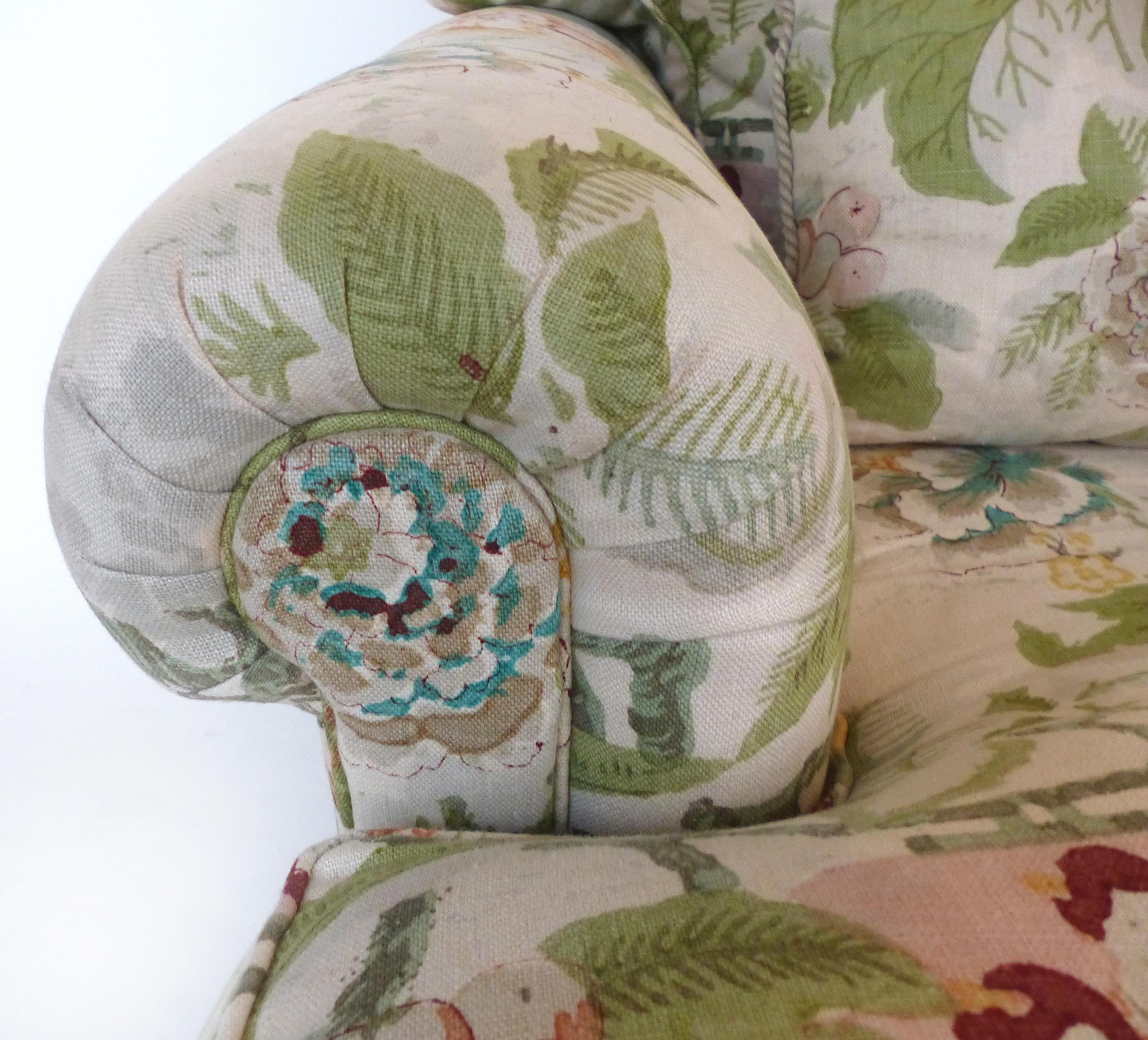 American Overscale Pair of Chinoiserie Upholstered Club Chairs with Down Cushions