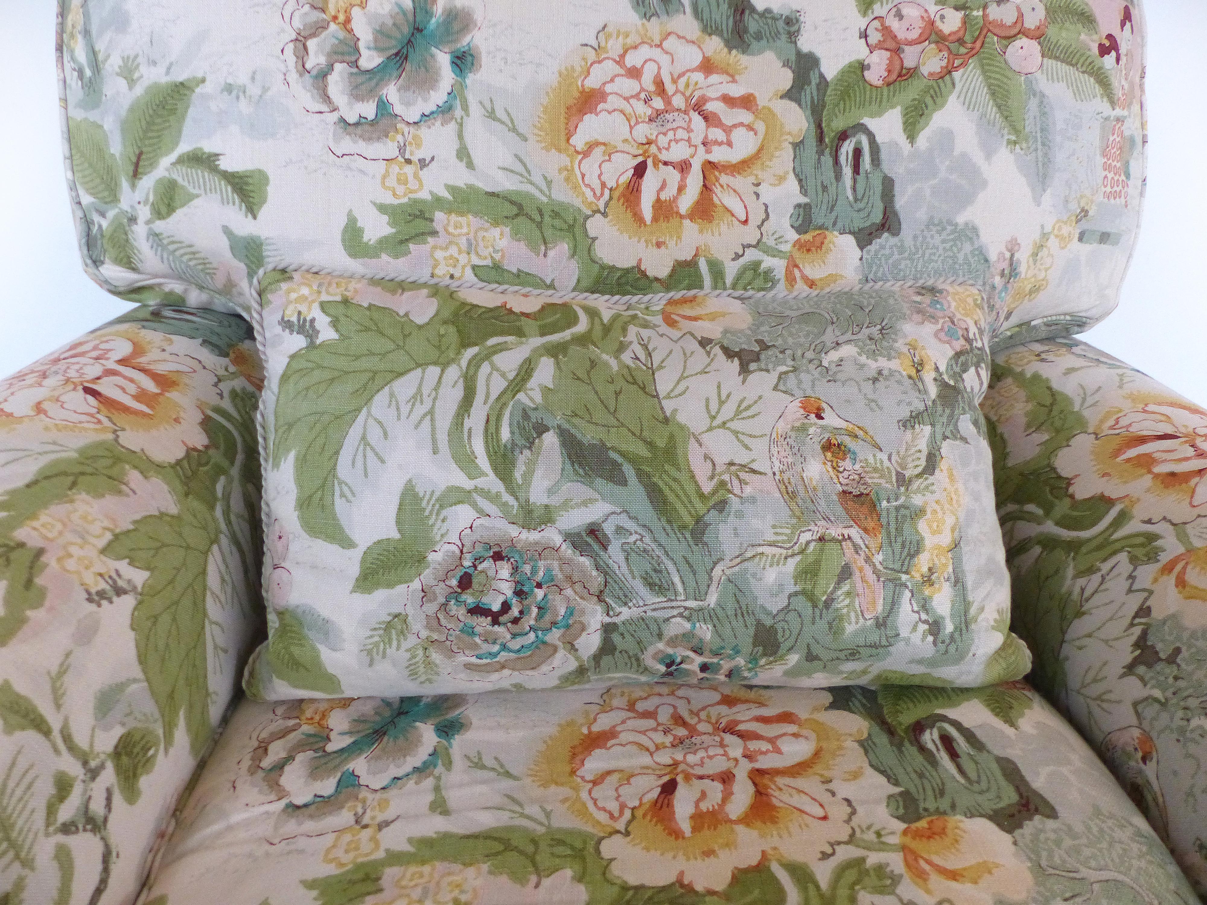 Overscale Pair of Chinoiserie Upholstered Club Chairs with Down Cushions In Good Condition In Miami, FL