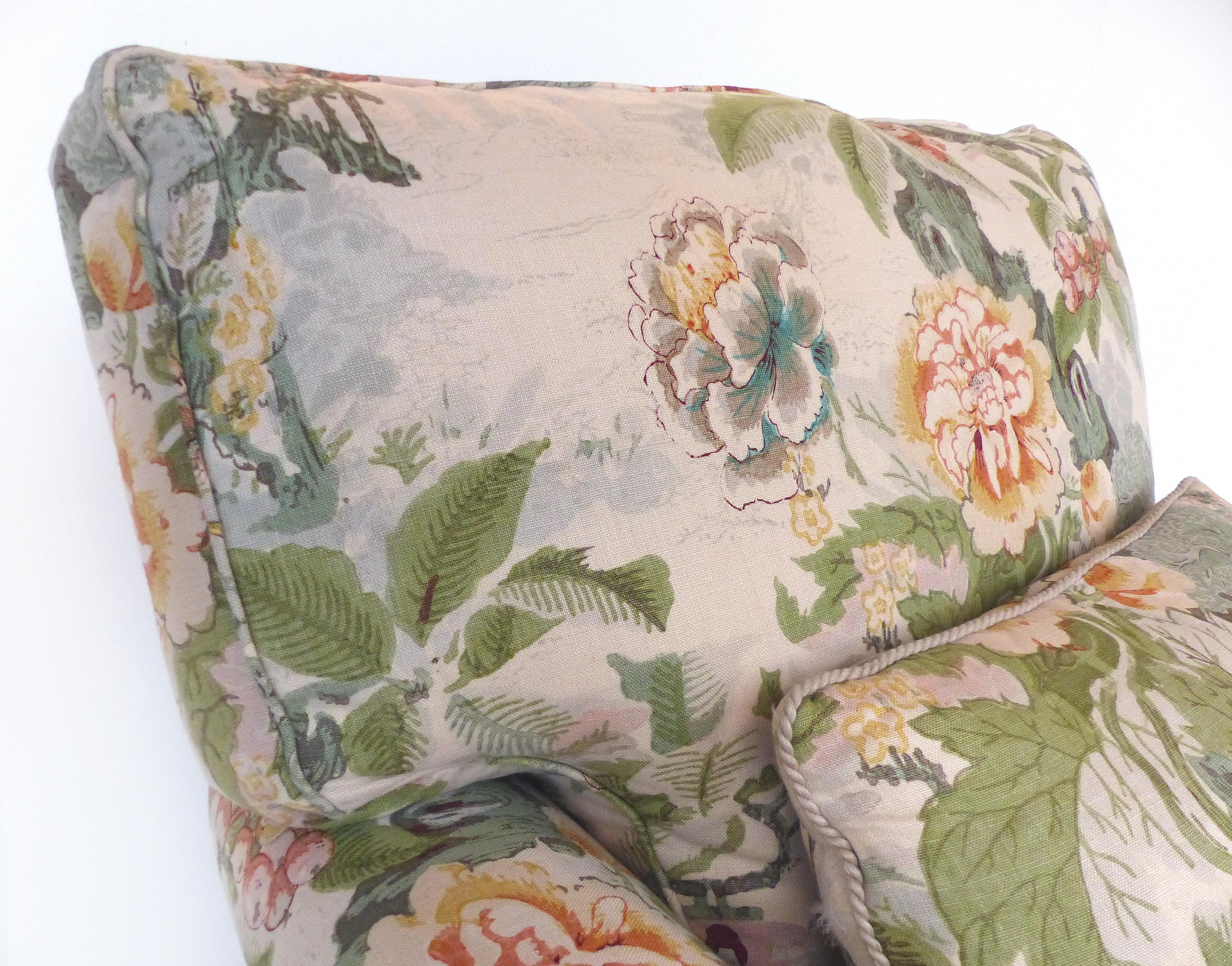 Linen Overscale Pair of Chinoiserie Upholstered Club Chairs with Down Cushions
