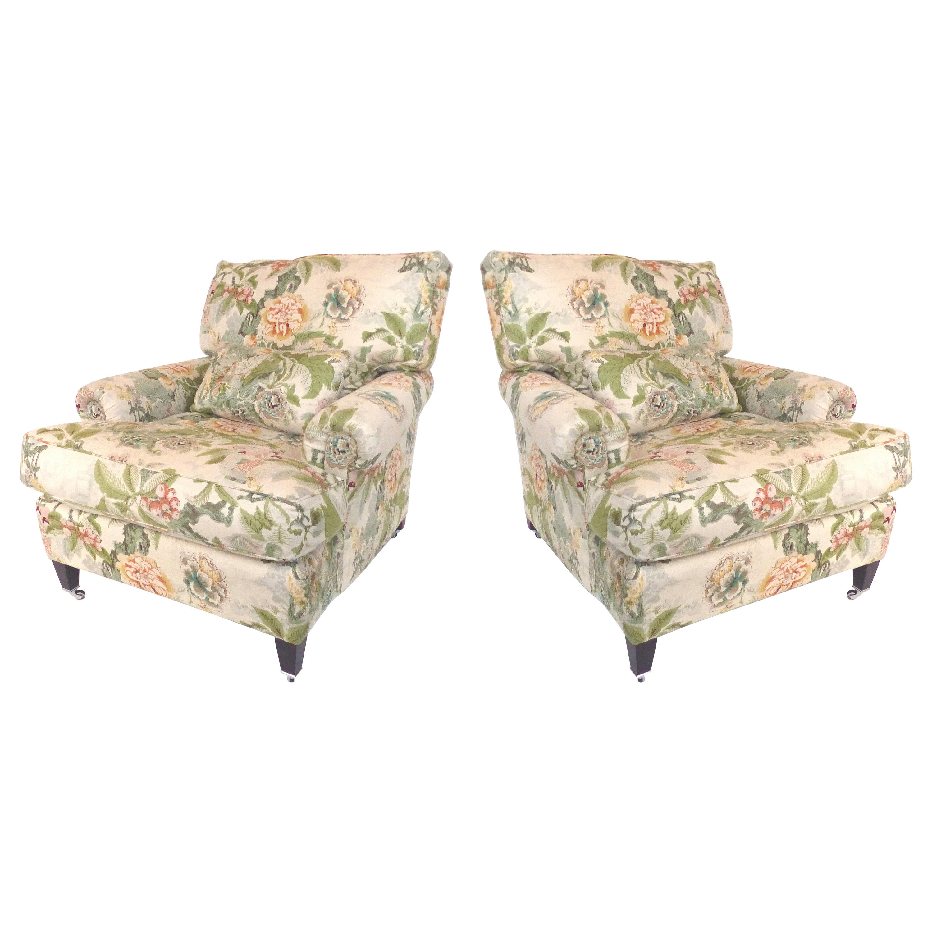 Overscale Pair of Chinoiserie Upholstered Club Chairs with Down Cushions