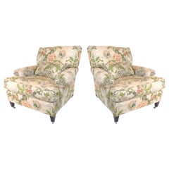Overscale Pair of Chinoiserie Upholstered Club Chairs with Down Cushions