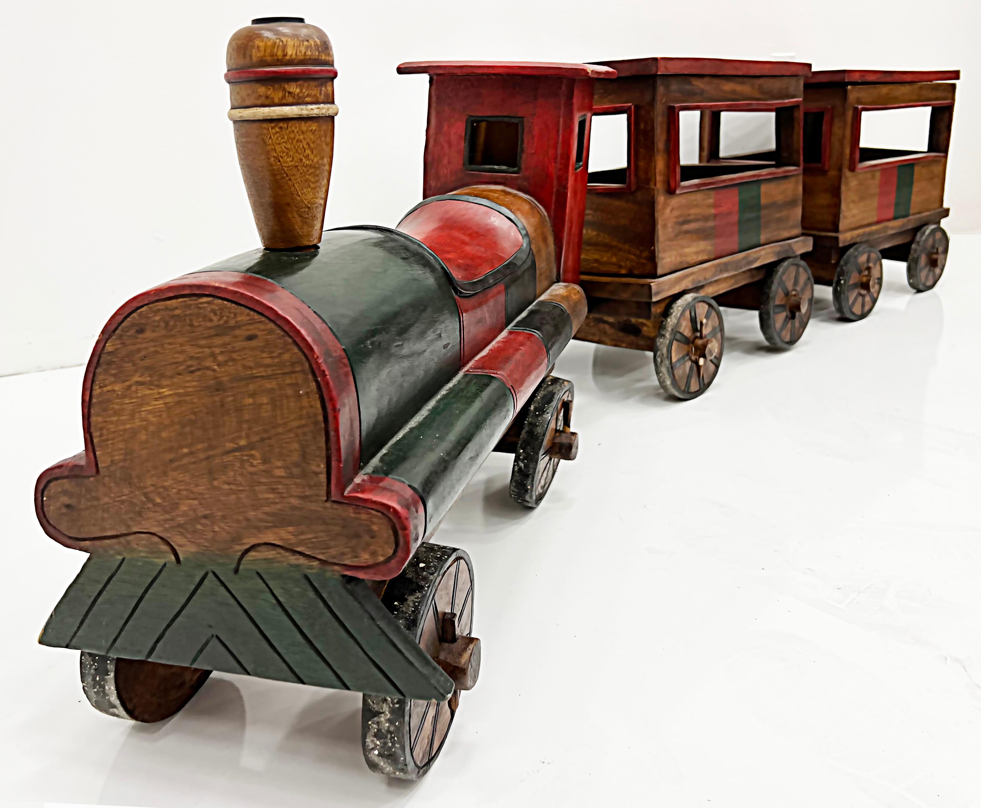 Overscale vintage carved wood Folk Art Toy train set

Offered for sale is an overscale vintage carved wood folk art toy train set. The set includes 3 separate pieces including the engine and 2 cars that have a great vintage patina. These would