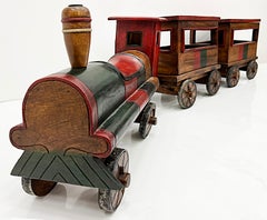 Overscale Vintage Carved Wood Folk Art Toy Train Set, 3 Pieces