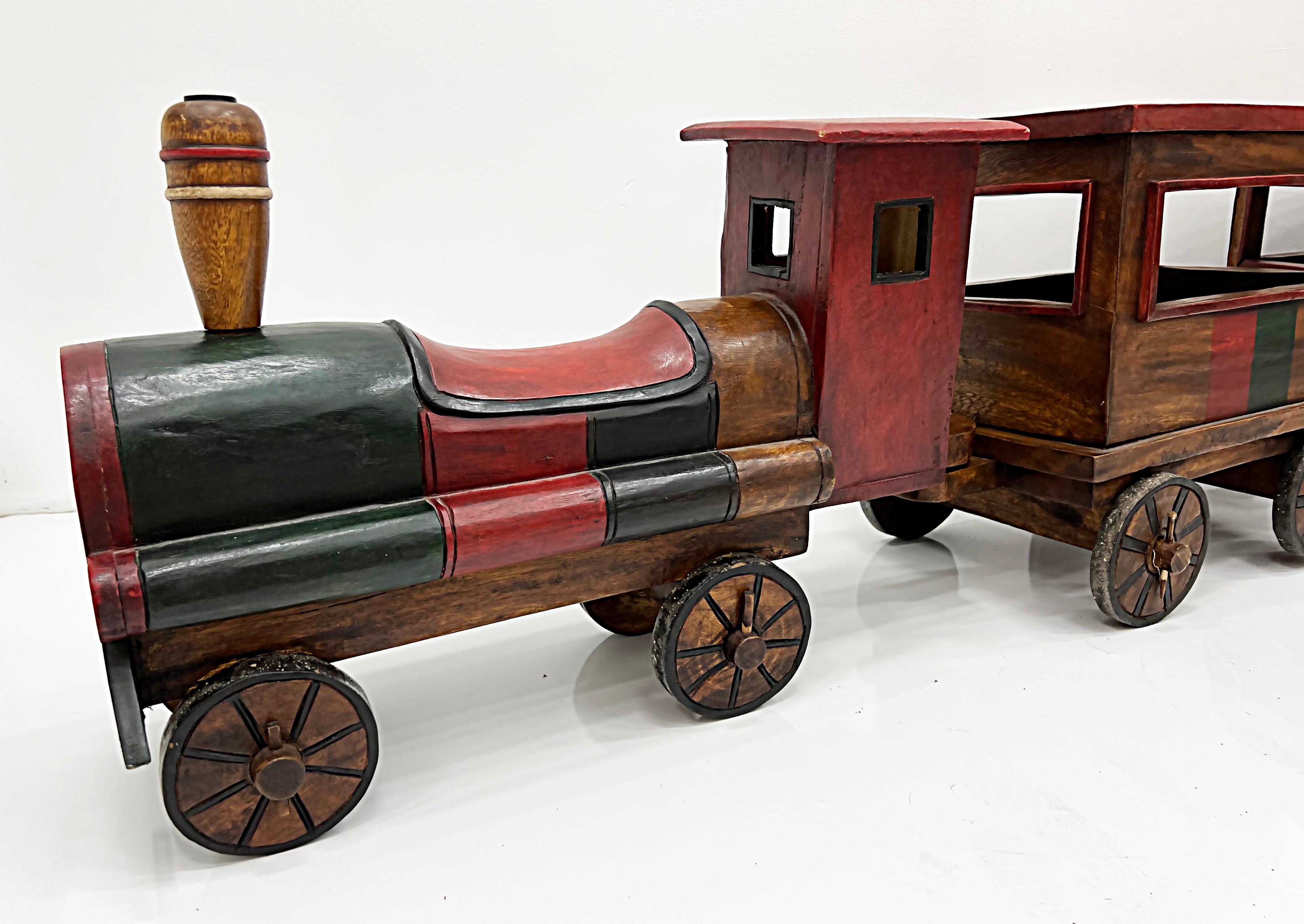American Overscale Vintage Carved Wood Folk Art Toy Train Set, 3 Pieces For Sale