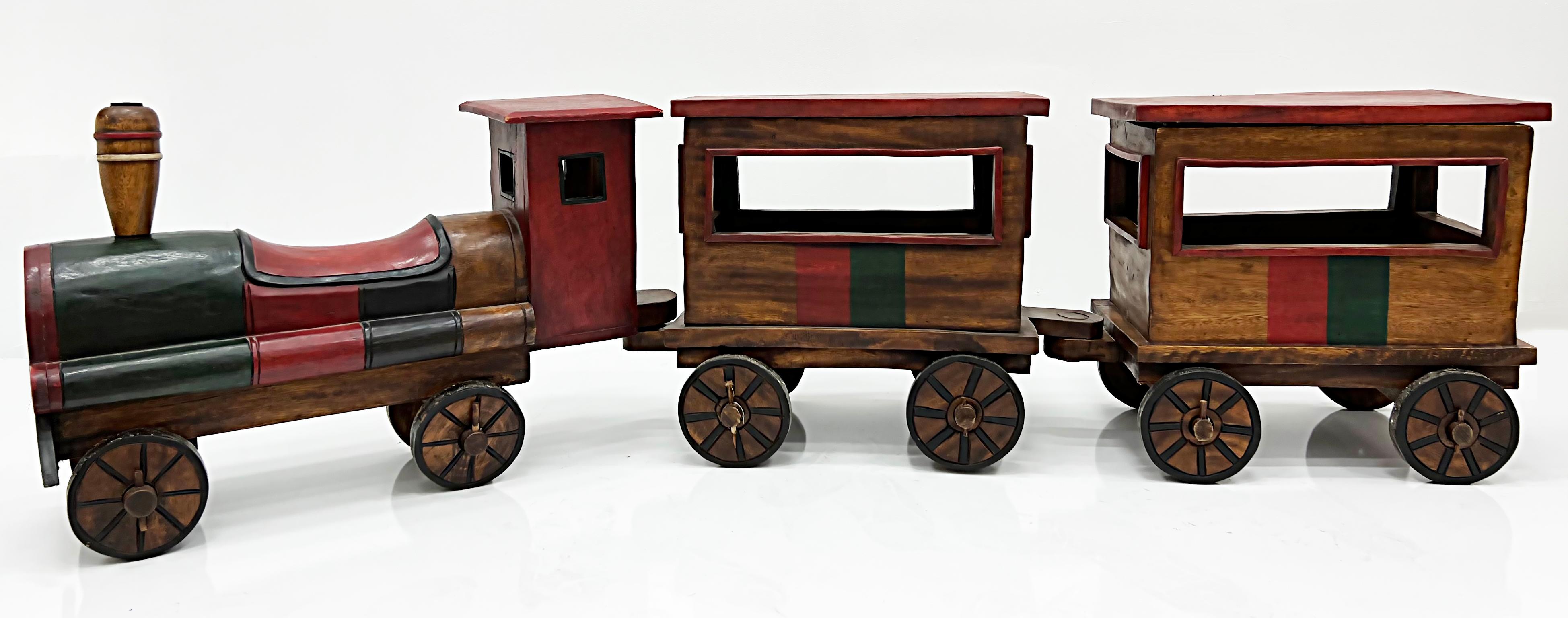 20th Century Overscale Vintage Carved Wood Folk Art Toy Train Set, 3 Pieces For Sale