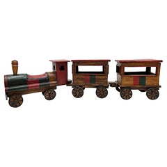 Overscale Vintage Carved Wood Folk Art Toy Train Set, 3 Pieces
