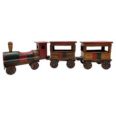 Overscale Vintage Carved Wood Folk Art Toy Train Set, 3 Pieces