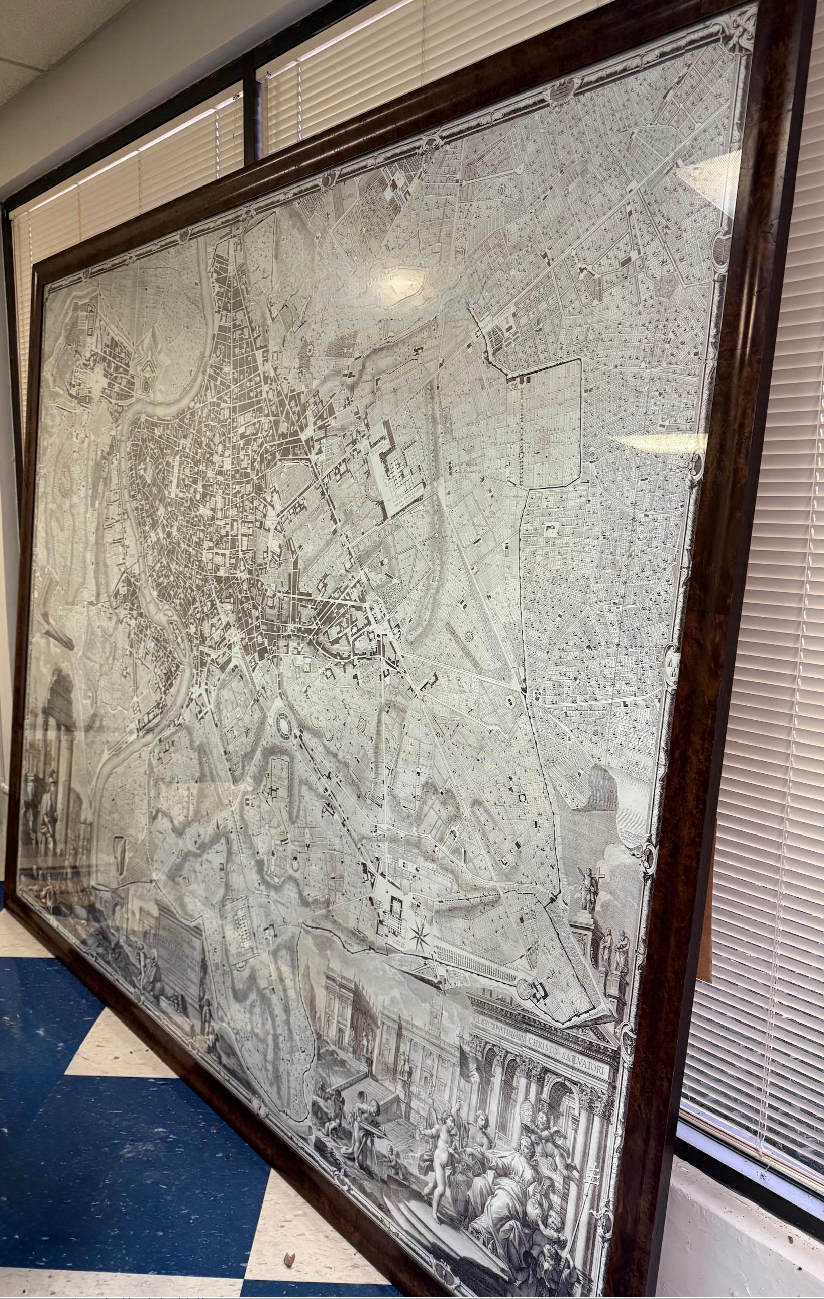 Stampa de La pianta grande di Roma, nota anche come Mappa Nolli di Pietro Campana, Carlo Nolli e Rocco Pozzi. 
Incorniciato in una cornice in legno di radica scura larga 1,5