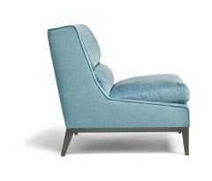 OVERSEAS Light Blue Upholstered Lounge Armchair in Solid Ash Wood and Black Fin.