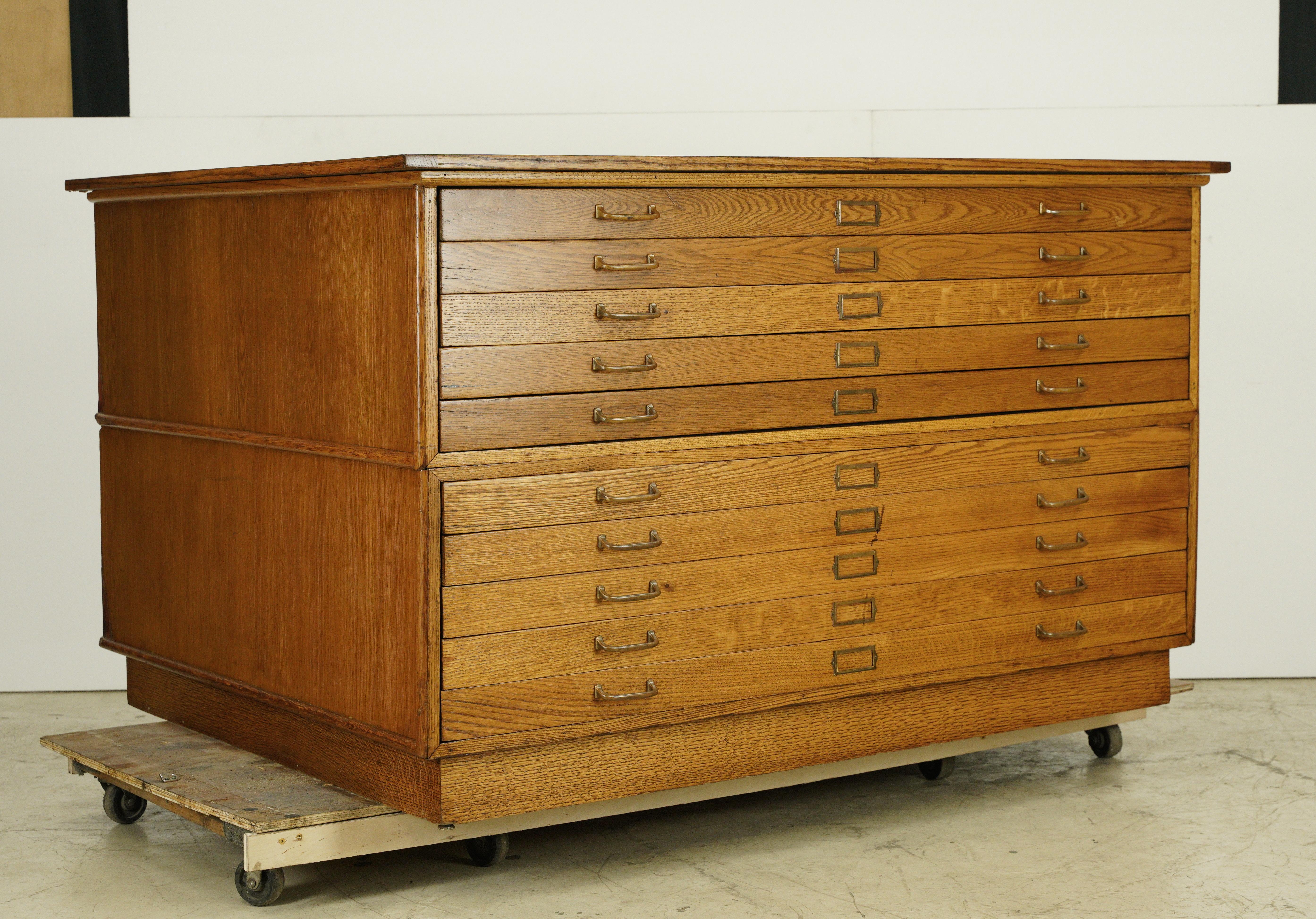 20th Century Oversize 10 Drawer Oak Flat File Map Cabinet For Sale