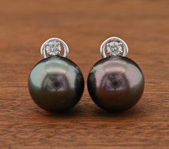 Oversize 15 mm. Black Tahitian South Sea Pearl Diamond Diamond Earrings