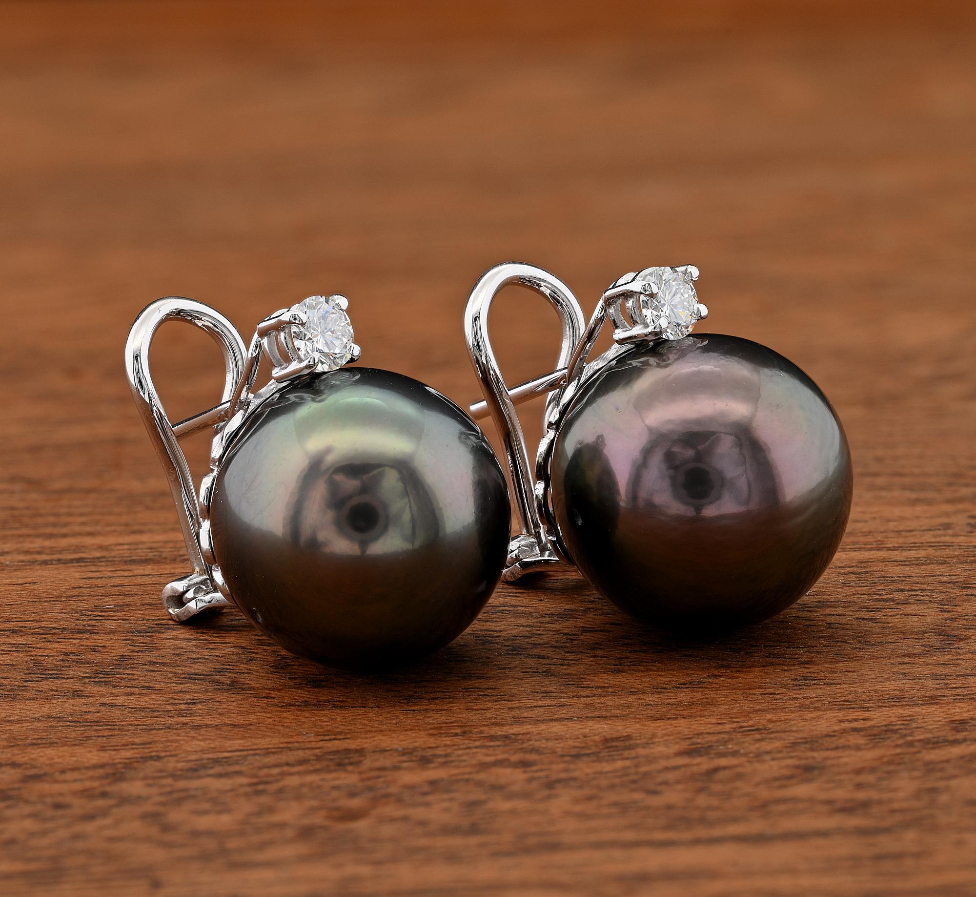 Contemporary Oversize 15 mm. Black Tahitian South Sea Pearl Diamond Diamond Earrings For Sale