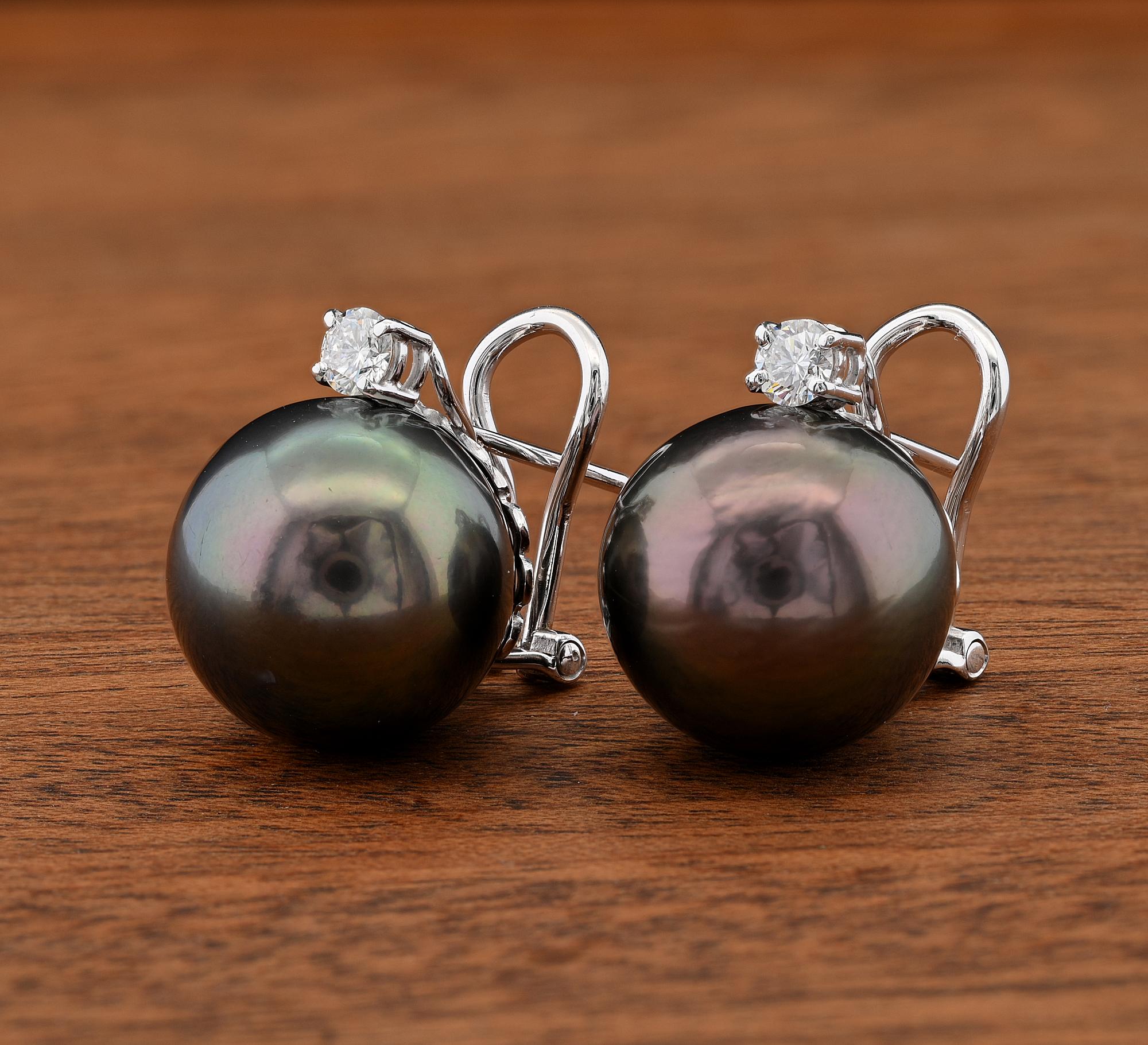 Brilliant Cut Oversize 15 mm. Black Tahitian South Sea Pearl Diamond Diamond Earrings For Sale