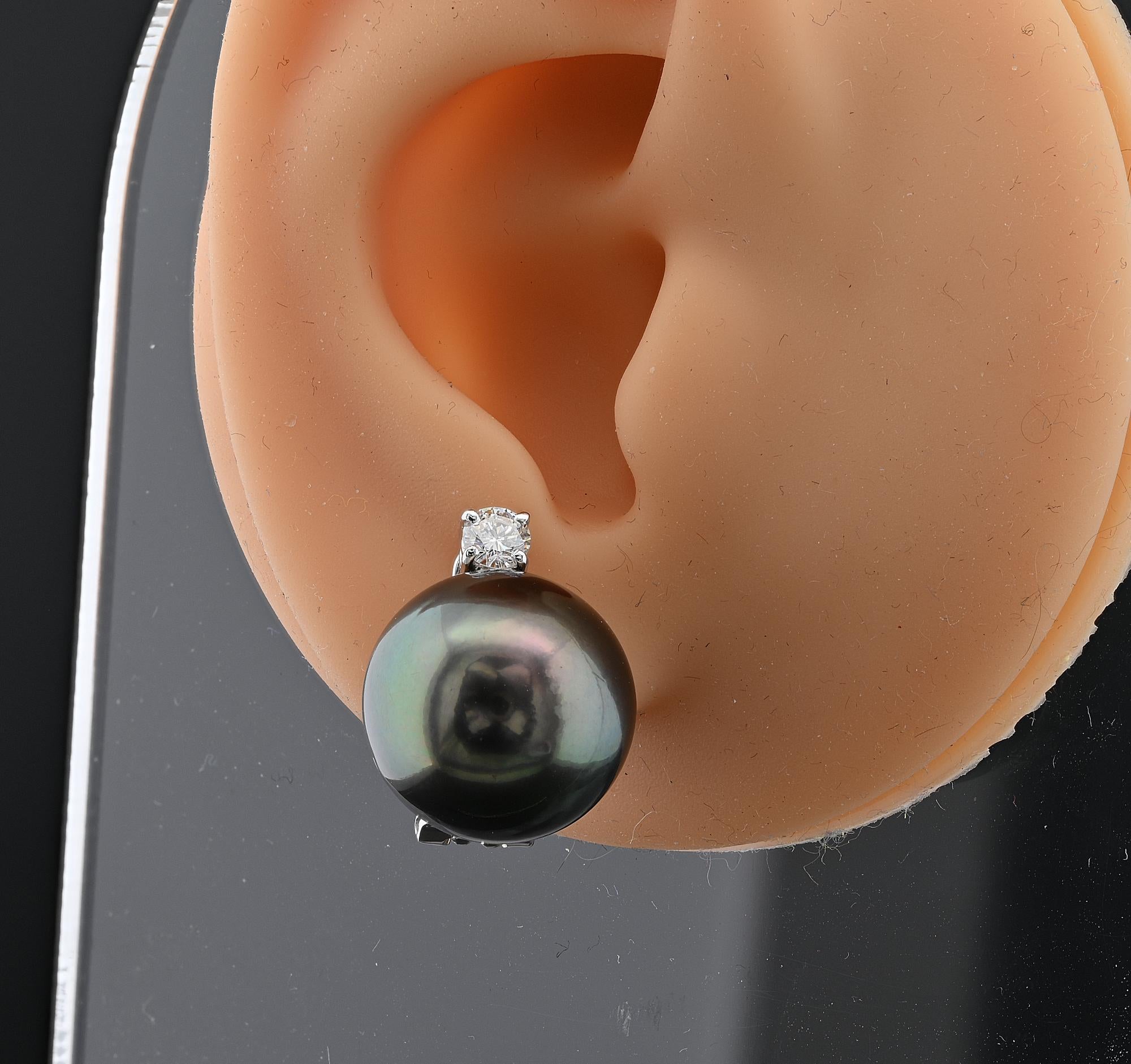 Women's Oversize 15 mm. Black Tahitian South Sea Pearl Diamond Diamond Earrings For Sale