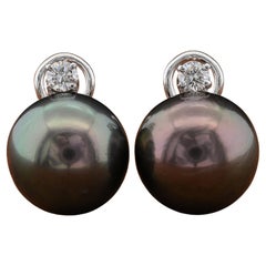 Oversize 15 mm. Black Tahitian South Sea Pearl Diamond Diamond Earrings