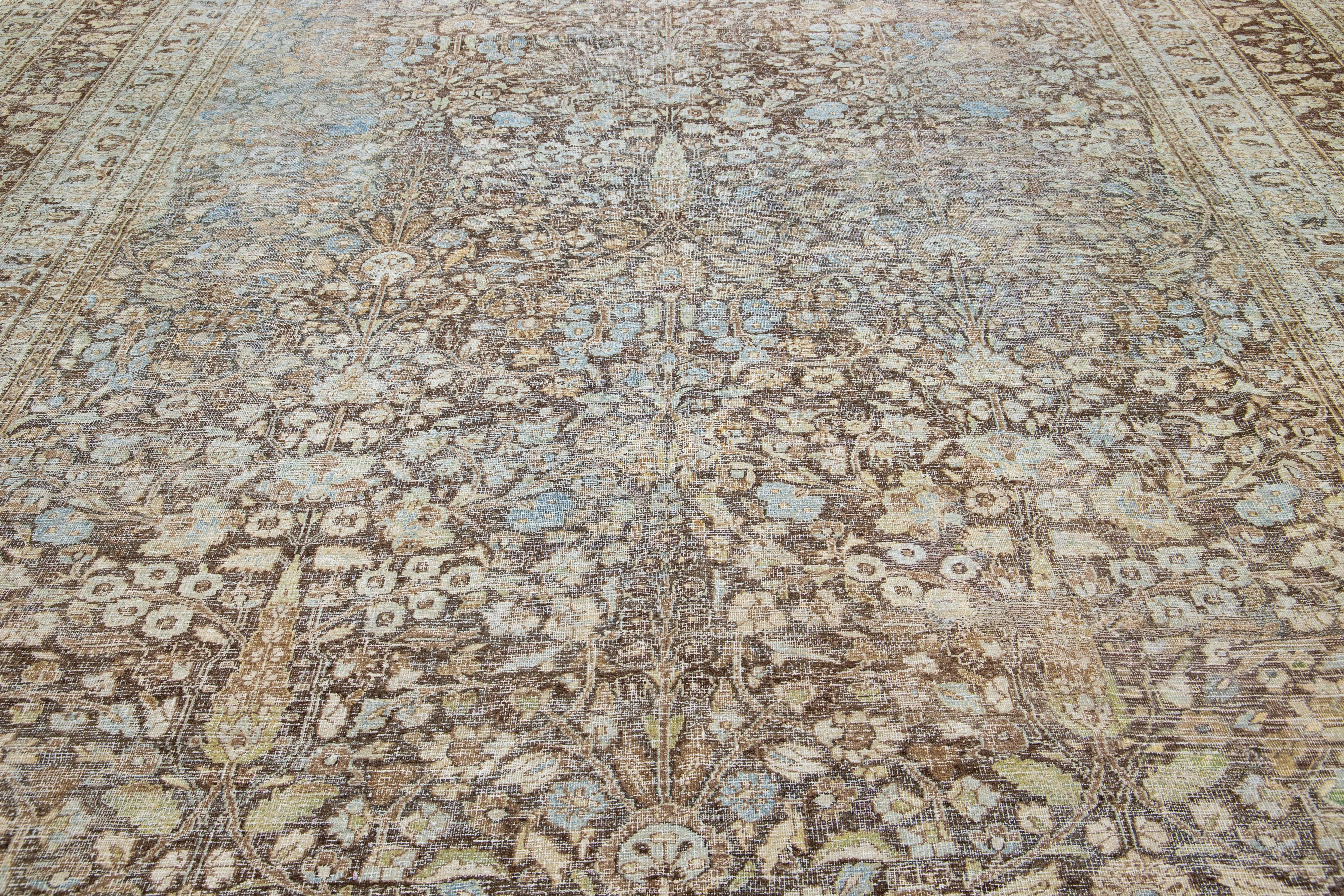 Oversize 1900's Persian Tabriz Wool Rug In Brown With Allover Floral Pattern For Sale 1
