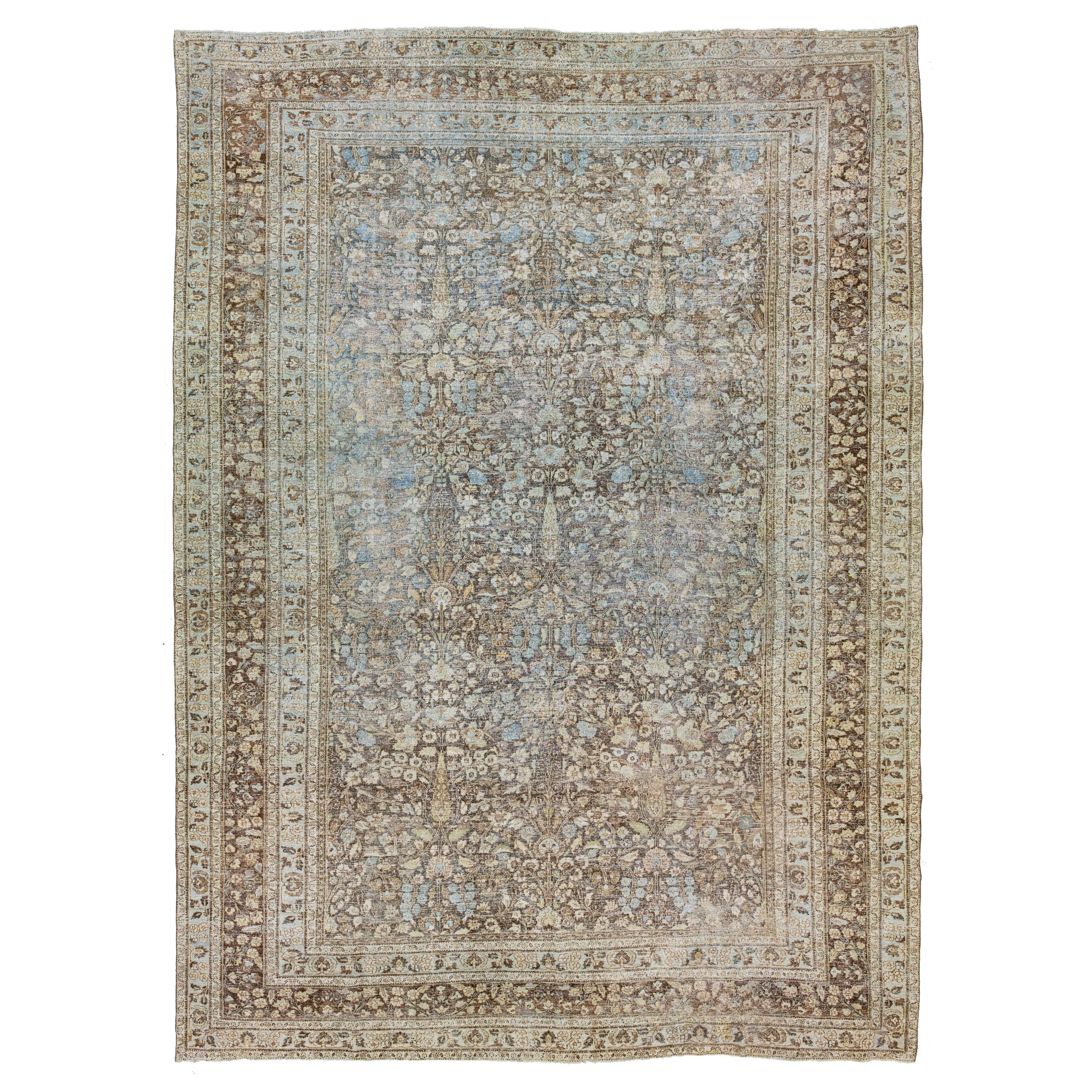 Tappeto oversize in lana persiana Tabriz del 1900 in marrone con motivo floreale alllover