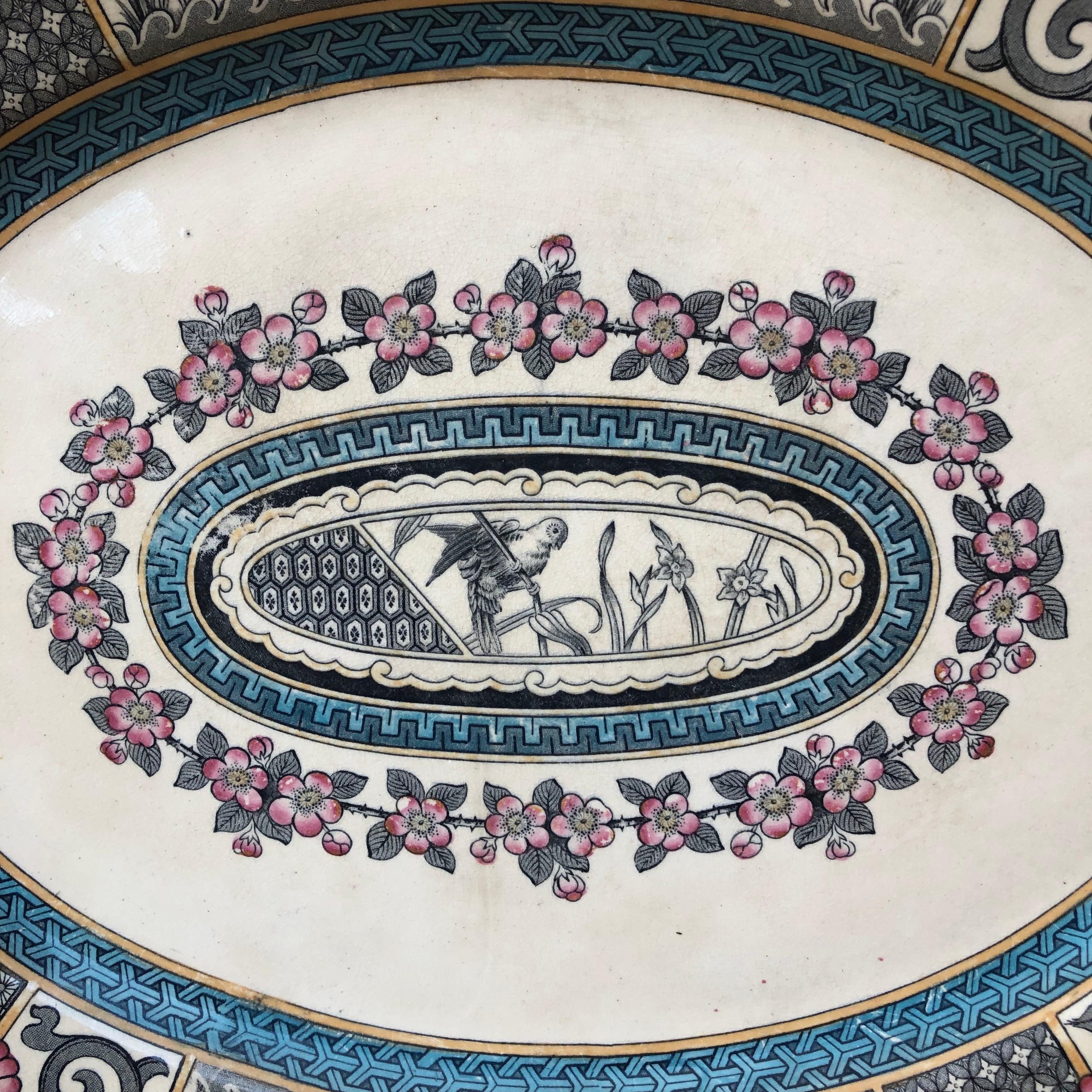 Oversize 19th century English Chinoiserie ironstone platter bates gildea & walker.
Kioto Pattern.
Earthenware and porcelain manufacturer at the Dale Hall Works, Longport, Burslem, Stoke-on-Trent.
In 1878 James Gildea joined the partnership of