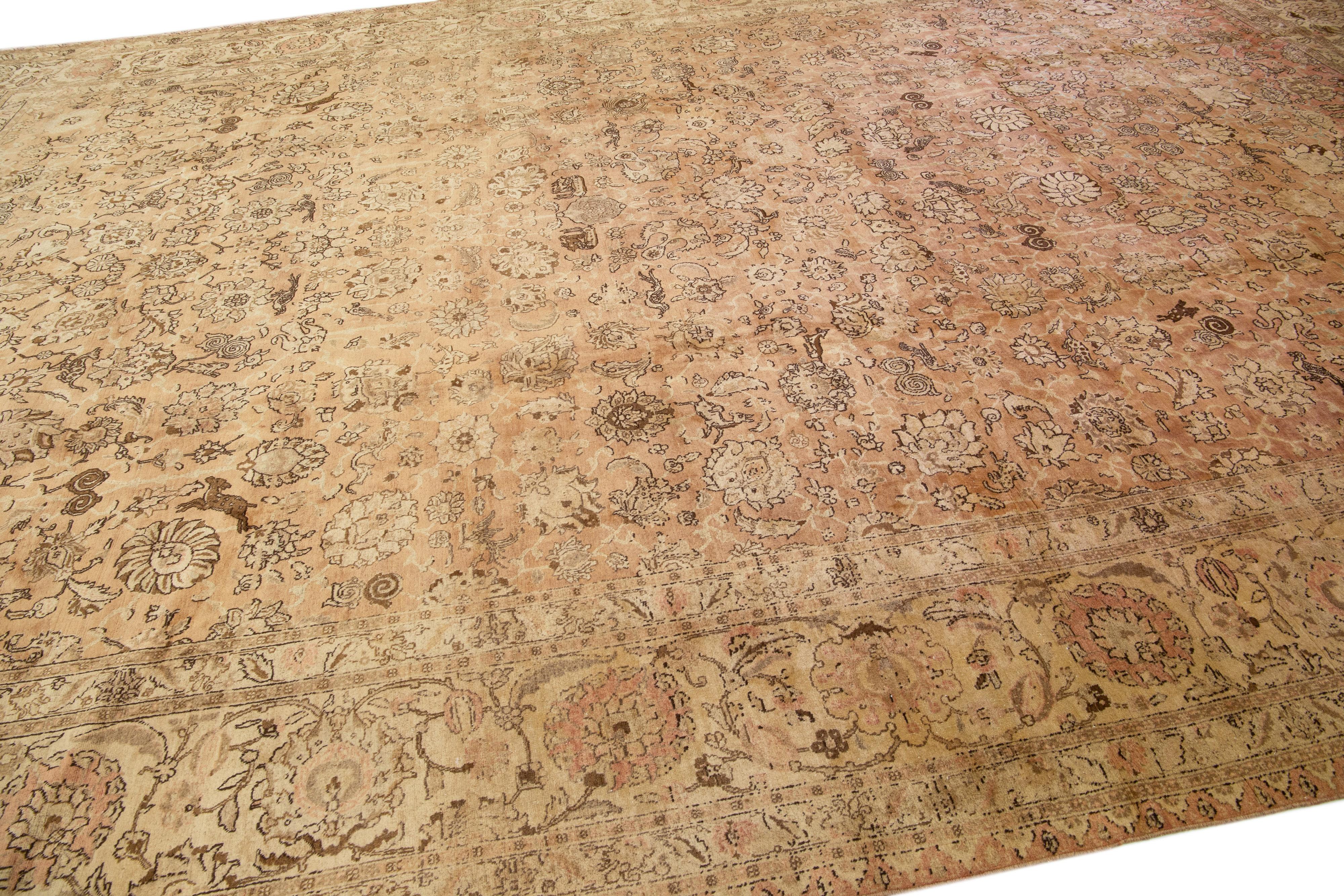 Hand-Knotted Oversize Allover Antique Persian Tabriz Wool Rug Handmade in Peach For Sale
