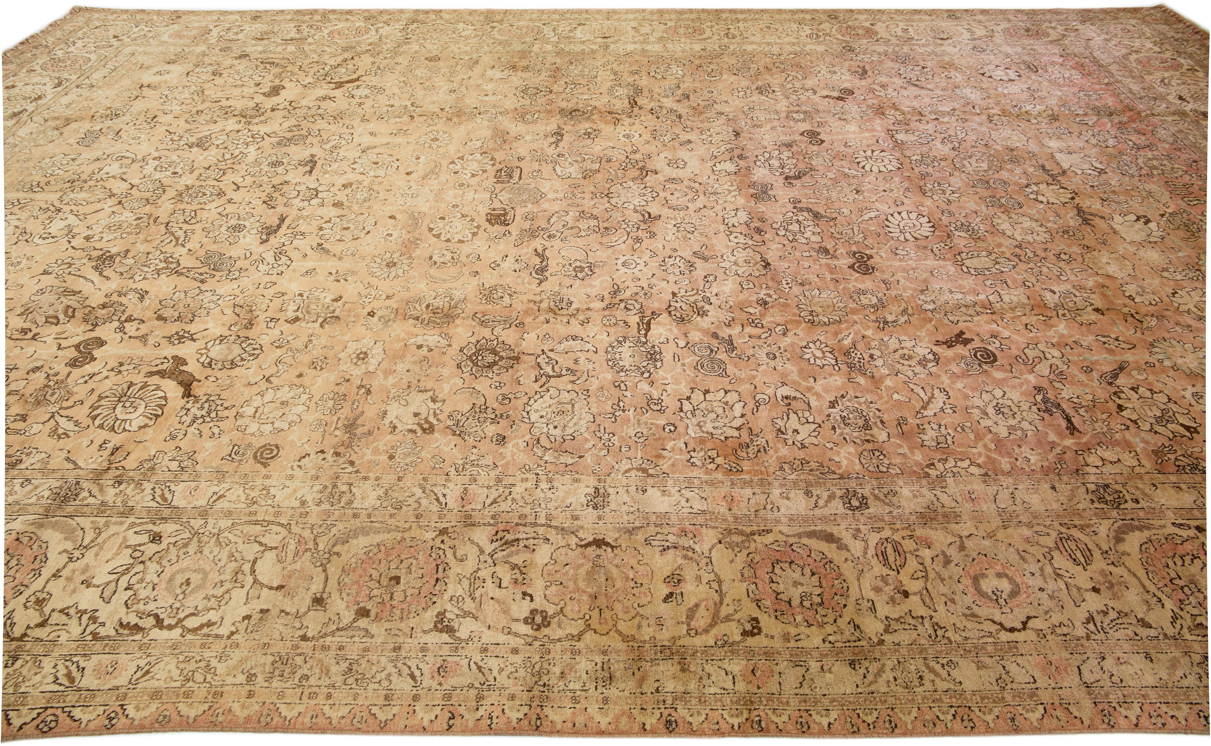 20th Century Oversize Allover Antique Persian Tabriz Wool Rug Handmade in Peach For Sale