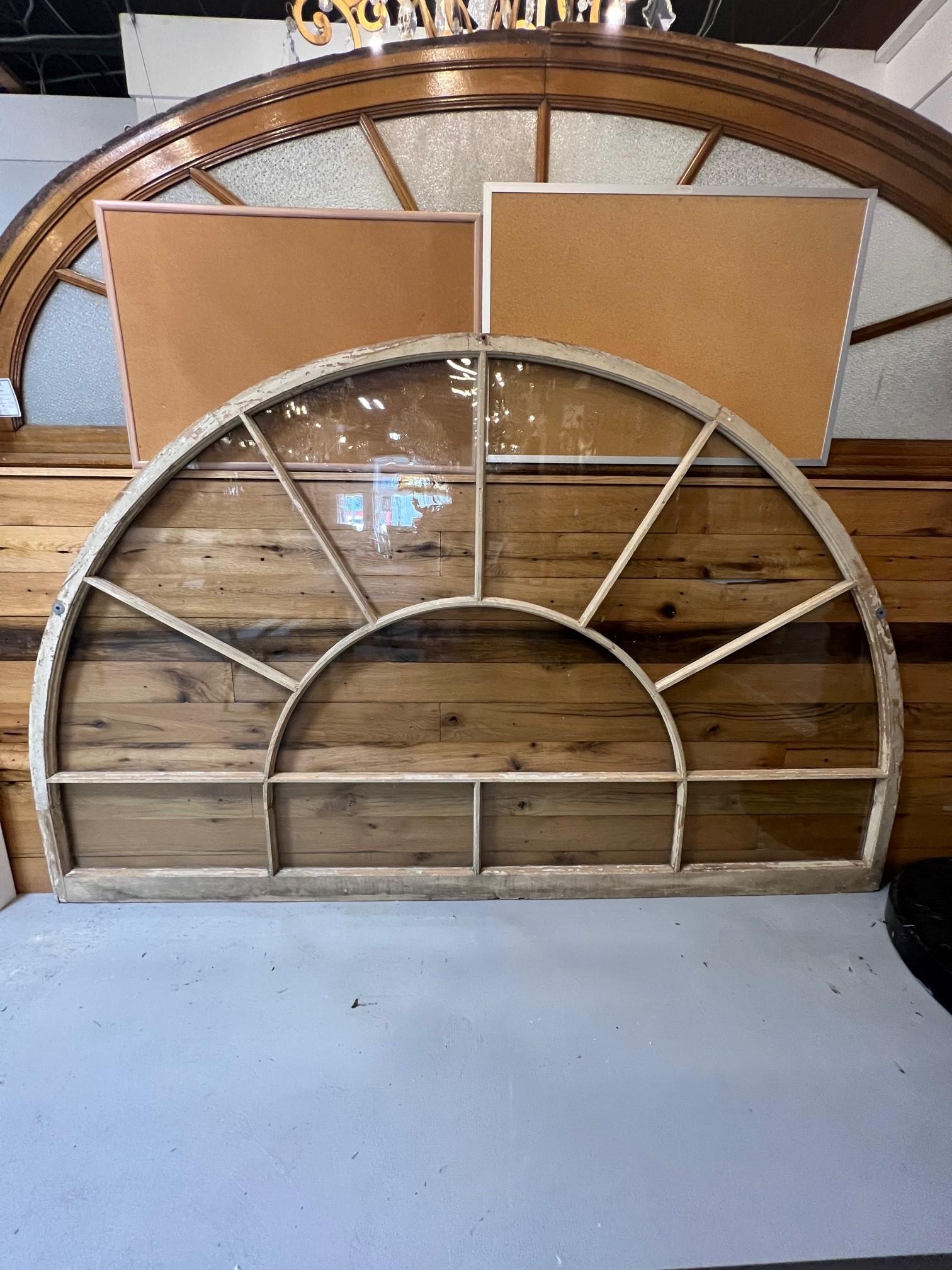 Oversize Antique Arch Top Transom Window, 11 Panes Original Glass Wood Muntin In Good Condition For Sale In Stamford, CT