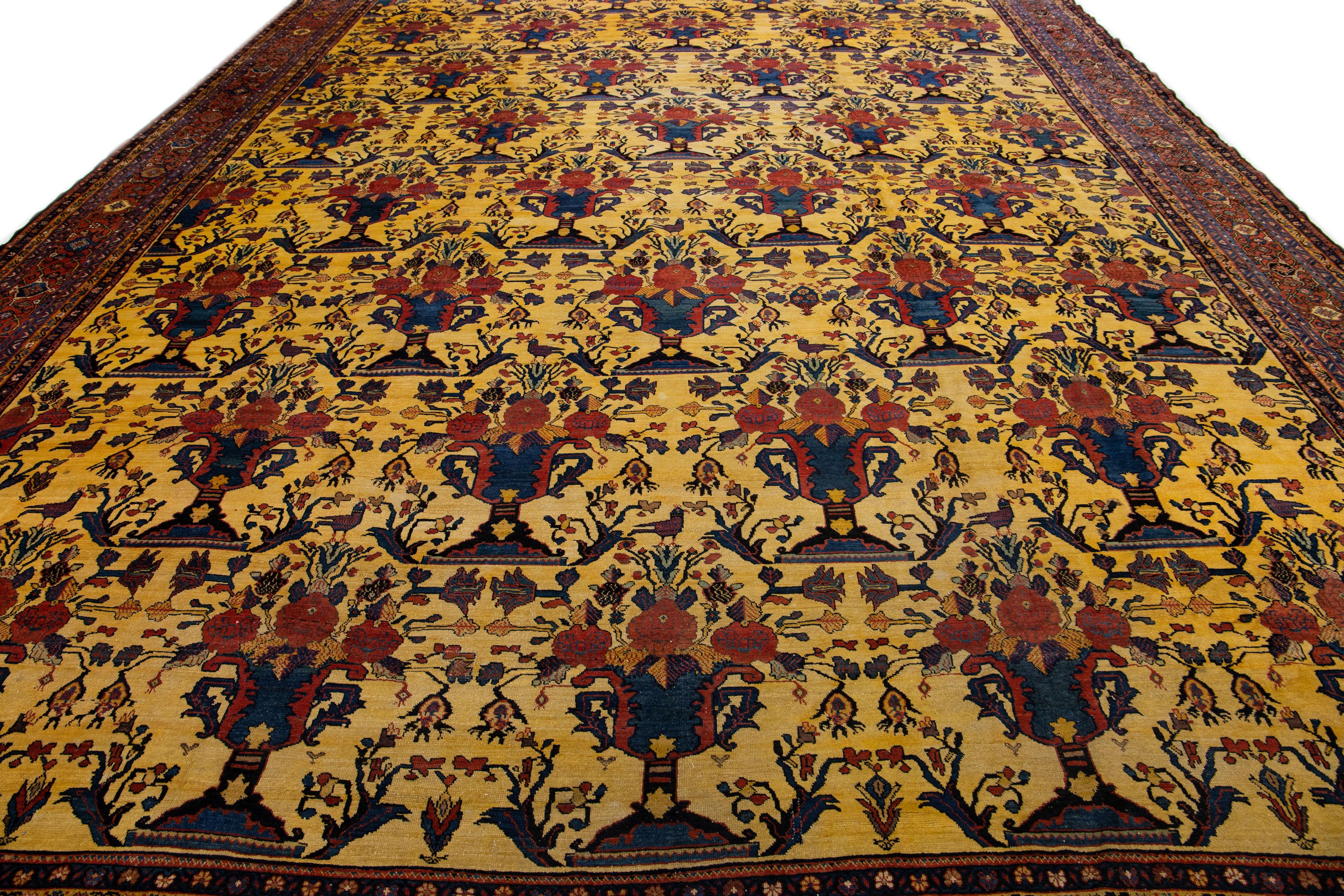 Islamic Oversize Antique Bakhtiari Persian Handmade Yellow Wool Rug with Allover Motif For Sale