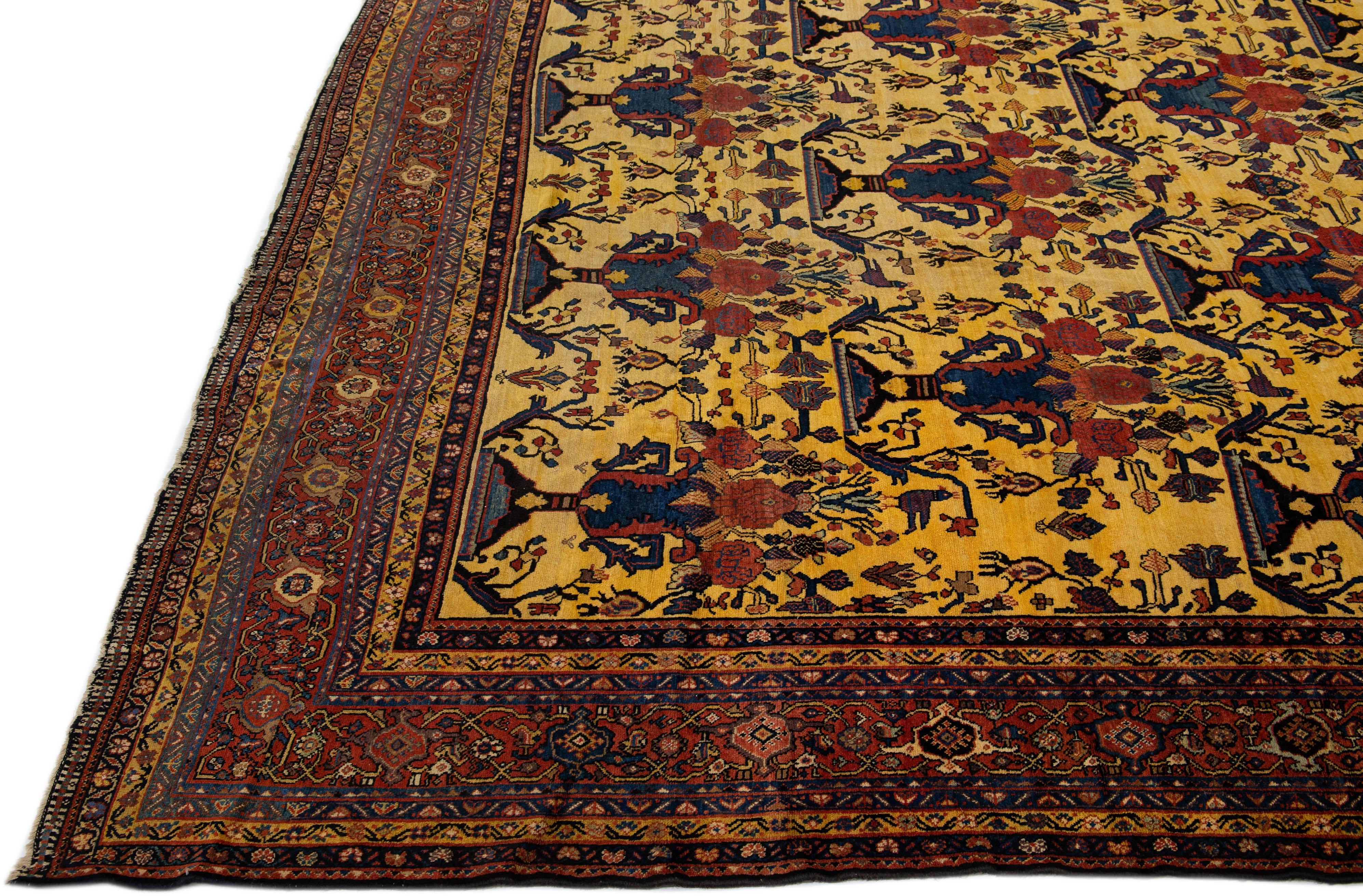 Hand-Knotted Oversize Antique Bakhtiari Persian Handmade Yellow Wool Rug with Allover Motif For Sale