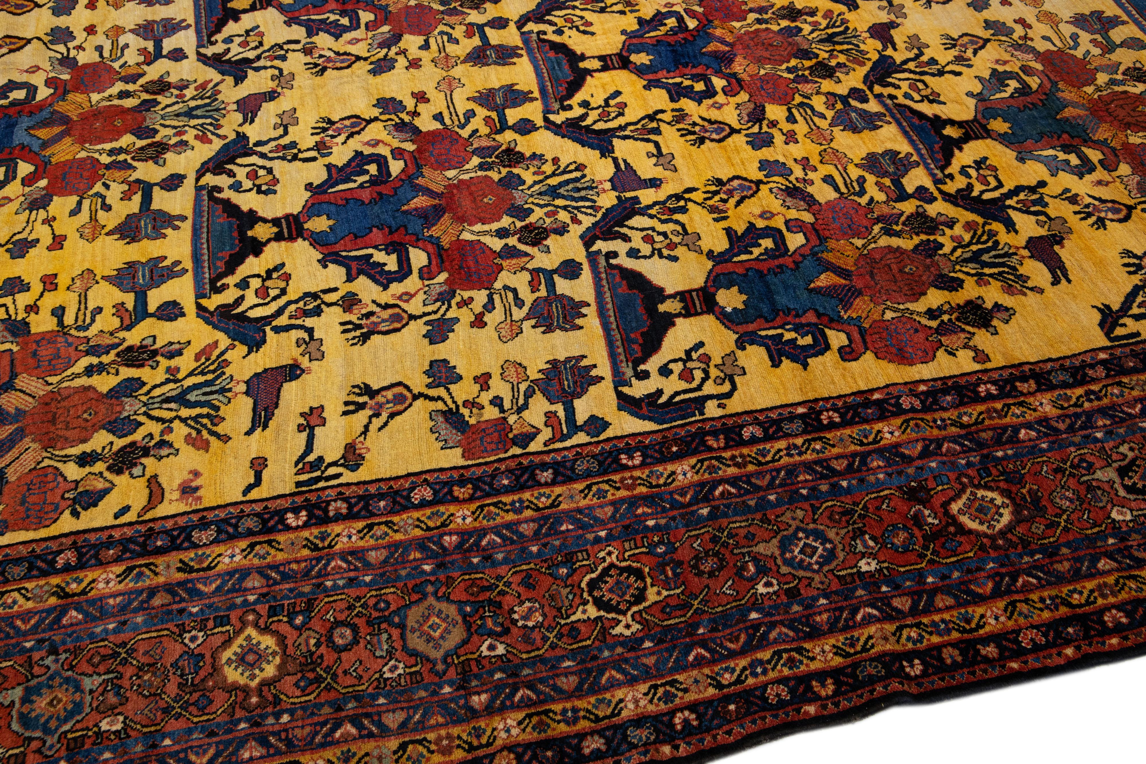 Oversize Antique Bakhtiari Persian Handmade Yellow Wool Rug with Allover Motif For Sale 1