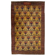 Tappeto antico oversize Bakhtiari persiano fatto a mano in lana gialla con motivo alllover